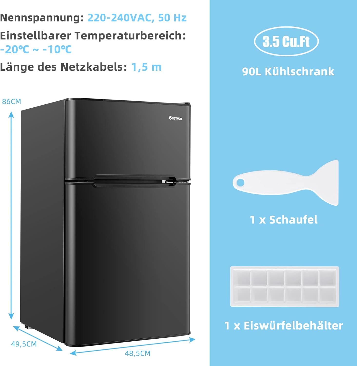 COSTWAY 90L Kühlschrank mit 27L Gefrierfach Kühl-Gefrier-Kombination Standkühlschrank Gefrierschrank mini Kühlschrank (weiß)