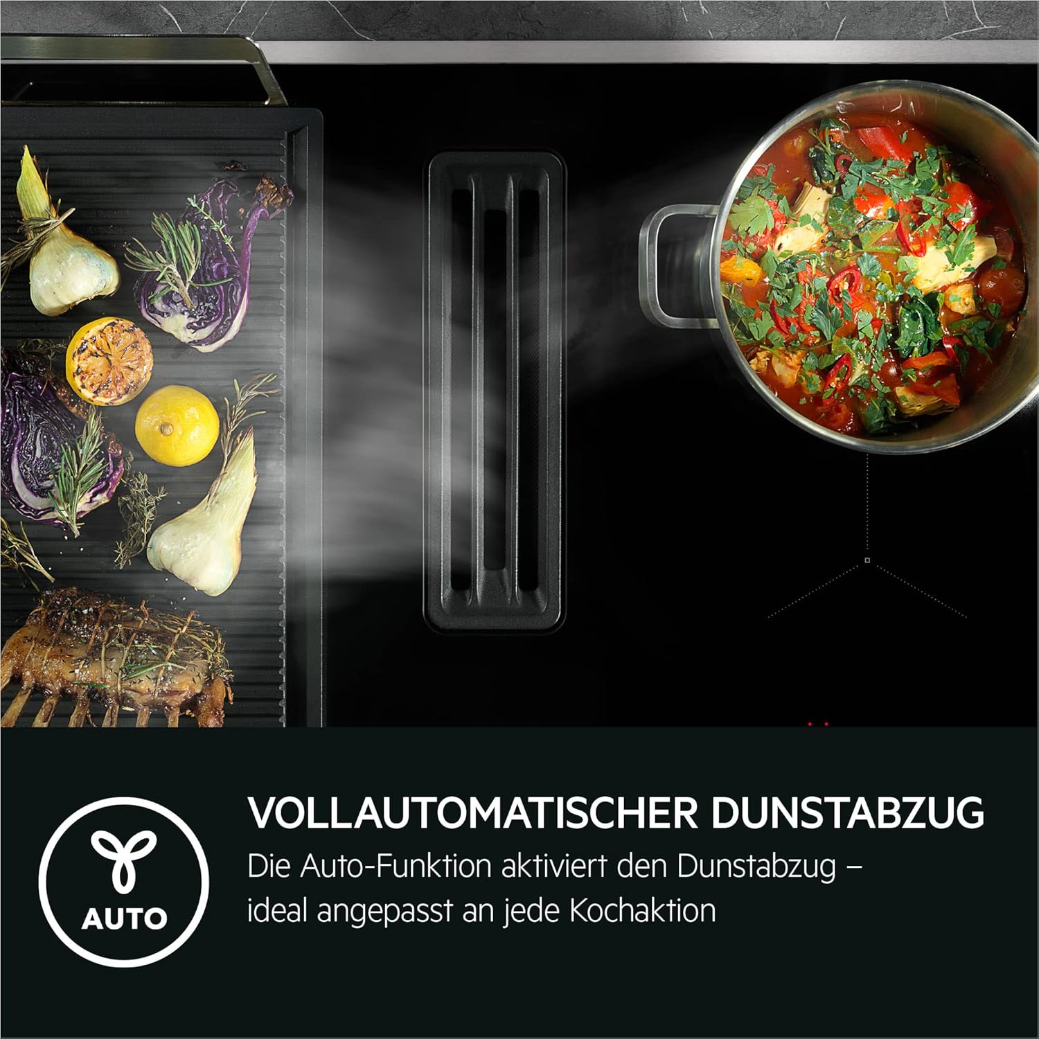 AEG IKE84441XB Autarkes Kochfeld / Herdplatte mit Touchscreen, Topferkennung & Hob²Hood-Funktion / Induktionskochplatte / 4 Kochzonen / Edelstahlrahmen / 80 cm Schwarz