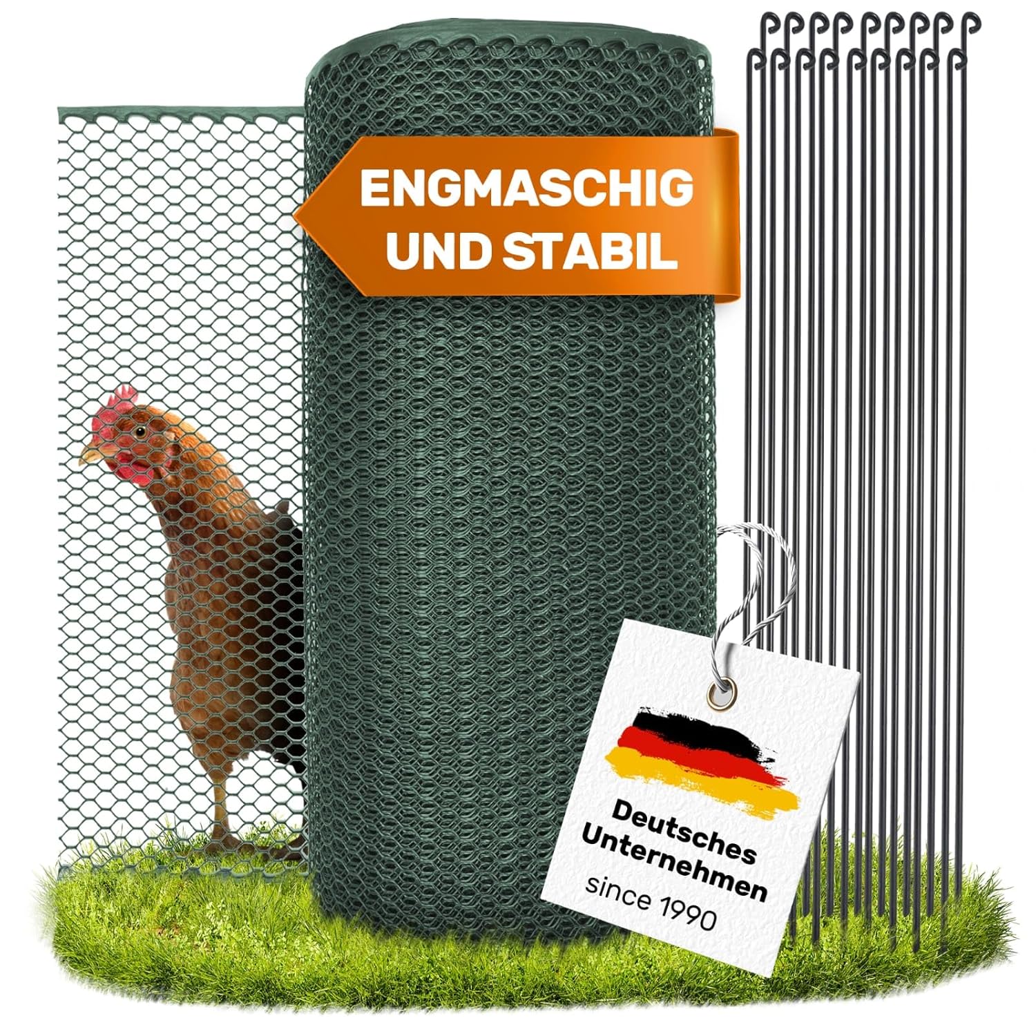 SELFmania Hühnerzaun 25m lang | ENGMASCHIG STABIL UV-SCHUTZ 120 cm hoch | Freilaufgehege Hühner mit 21 Befestigungsstäben + 25 U-Heringe | Hundezaun | Kleintiere | Geflügelzaun | Hühner Zubehör