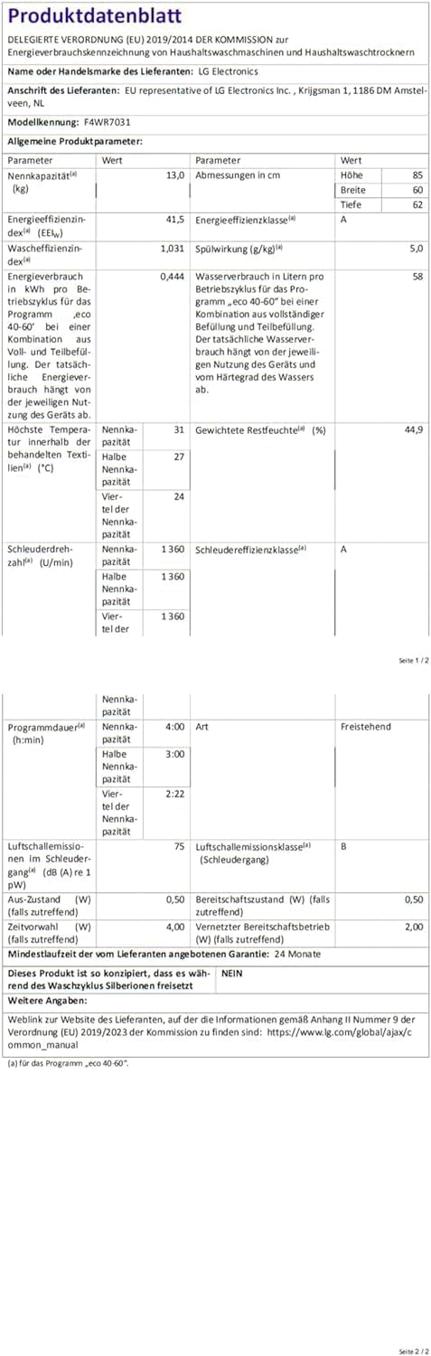 LG F4WV7080, Klasse A, Frontlader-Waschmaschine 8 kg, 1400 U/Min, AI Direct Drive, Wi-Fi, Tiefenreinigung mit Dampf, Groe Kapazitt, TRIPLE A, Auentür aus Sicherheitsglas, 62 x 60 x 85 cm  Wei