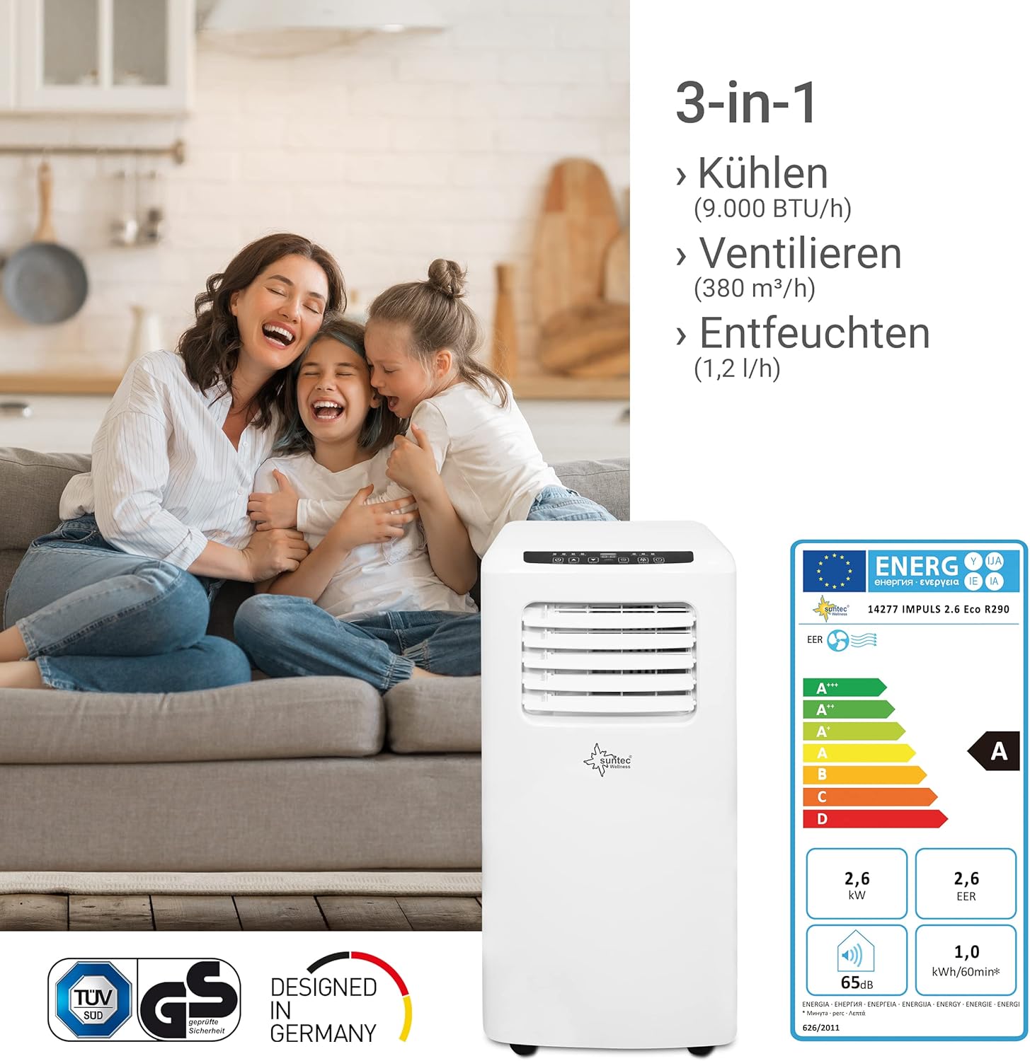 SUNTEC Mobiles Klimagerät Impuls 2.6 Eco R290 – Klimaanlage mobil und leise mit Abluftschlauch – Kühler & Entfeuchter für Räume bis 34 qm – Mobile Kühlung für Wohnung & Büro – 9.000 BTU | 2600 Watt