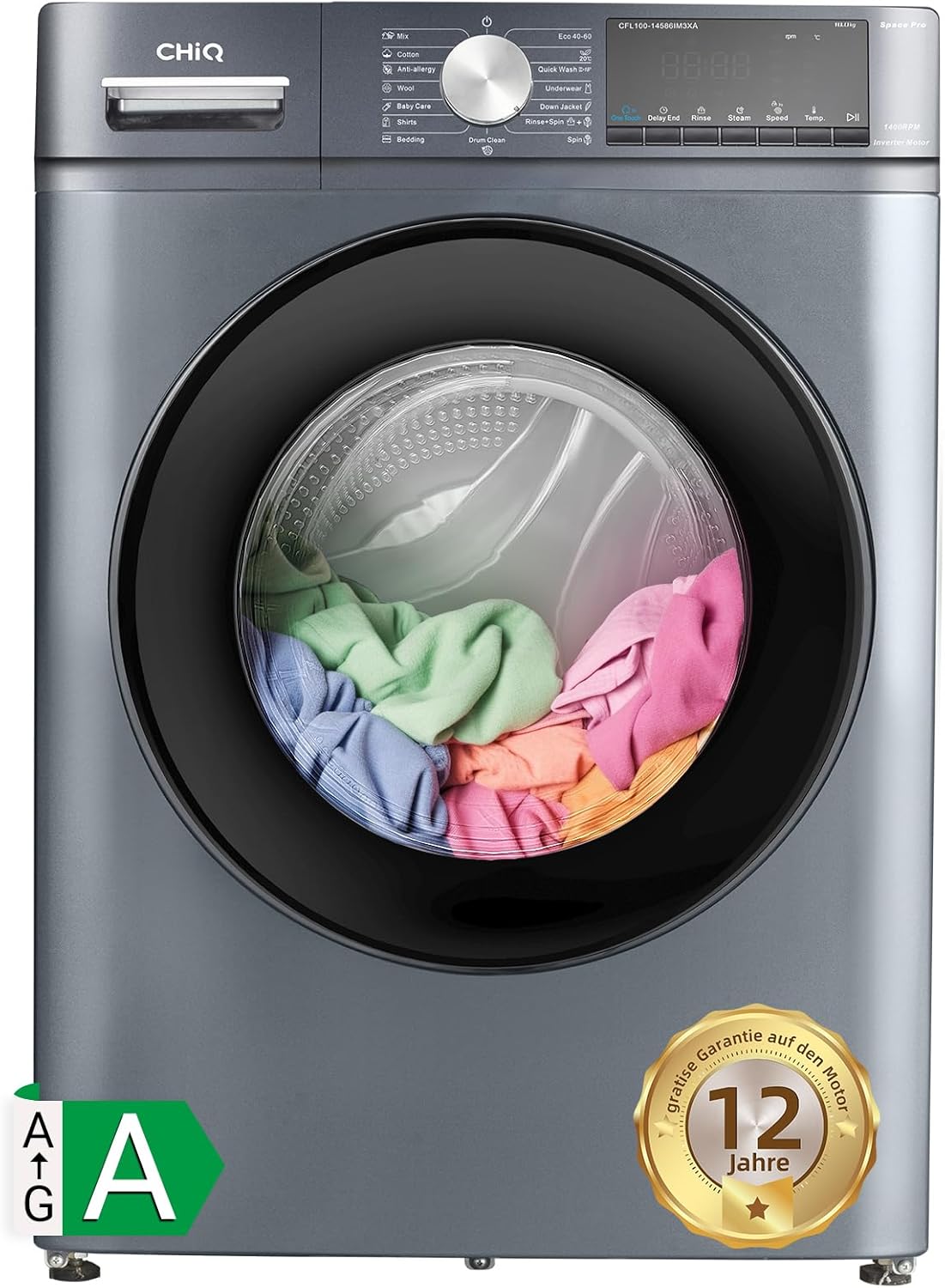CHiQ Waschmaschine 7kg, 15 Programme, InverterMotor, Eco-Logic, Speed Wash, 60x46,5x84cm, Auto Clean, Washer Grau, CW07123863AX