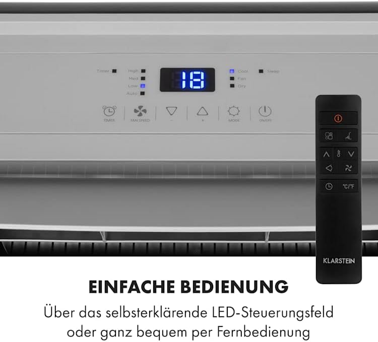 KLARSTEIN Grandbreeze Pro 14K – Mobiles Klimagerät, Luftentfeuchter, Ventilator, 3 Geschwindigkeiten, 14000 BTU/1,65 kW, Raum: 42 bis 68 m², Durchfluss: 460 m³/h, CEE A – Weiß Klimaanlage