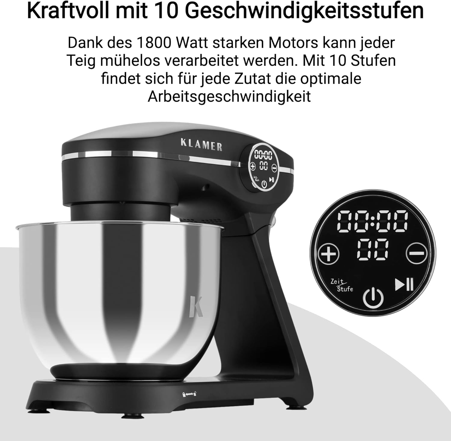 KLAMER Küchenmaschine 1800W, Knetmaschine mit 6 Liter Edelstahl Schüssel, 10 Geschwindigkeitsstufen mit Timer, Rührbesen, Knethaken, Schneebesen und Spritzschutz