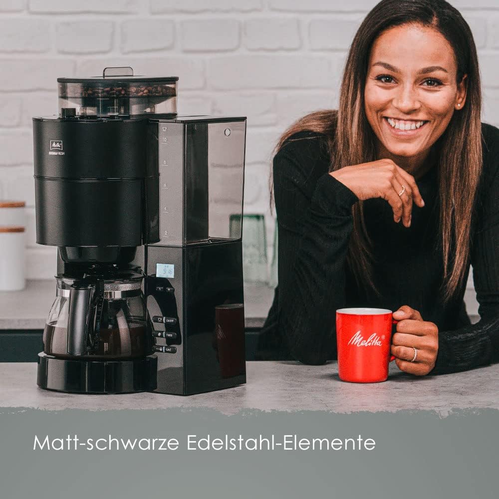 Melitta AromaFresh - Filterkaffeemaschine - mit Glaskanne - integriertes Mahlwerk - Timer Funktion - 10 Tassen - Pure Black