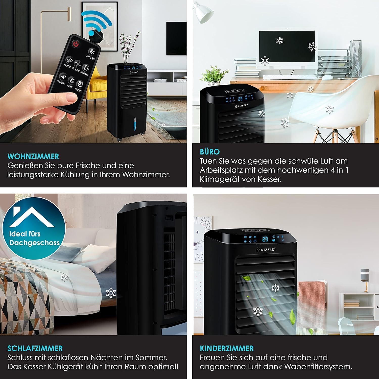 KESSER 4in1 Mobile Klimaanlage | Fernbedienung | Klimagert | Ventilator Klimaanlage | Timer | 3 Stufen | Ionisator Luftbefeuchter | Luftkühler |