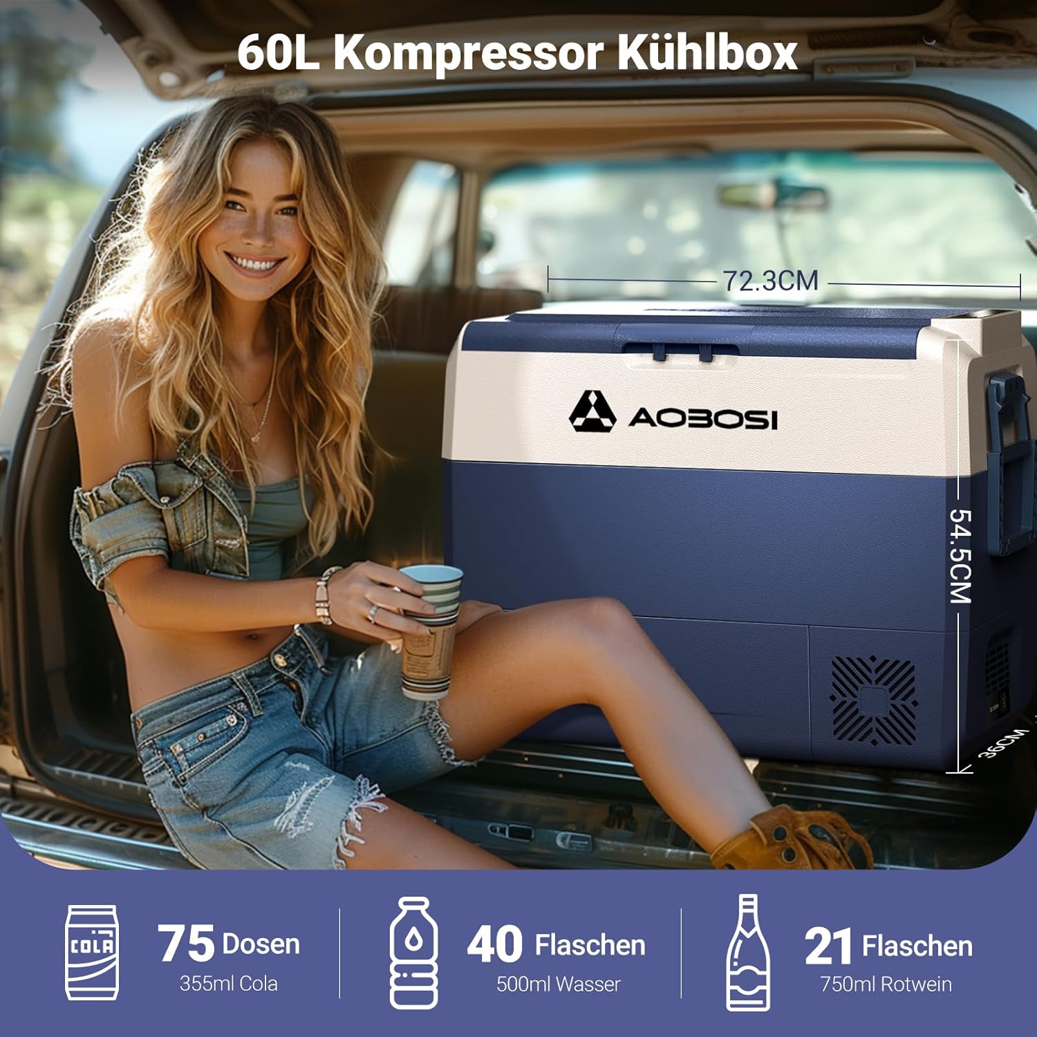 AAOBOSI Compressor Cool Box 36 L, Cool Box Car with WiFi App Control, 12/24 V and 100-240 V Electric Cool Box, up to -20 °C for Car, Truck, Boat, Motorhome, Camping, Double Zone
