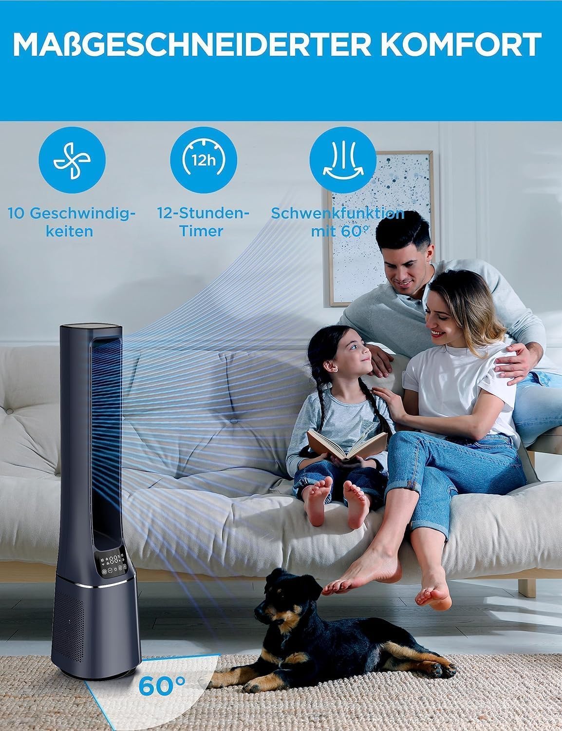 Midea MFP-120i (BL) 2 in 1 Turmventilator Leise 38dB Luftreiniger H13 True HEPA auf 47.6 ㎡ LED Display Fernbedienung Oszillation 12H Timer Kompatibel für Wireless Connection App Alexa Google