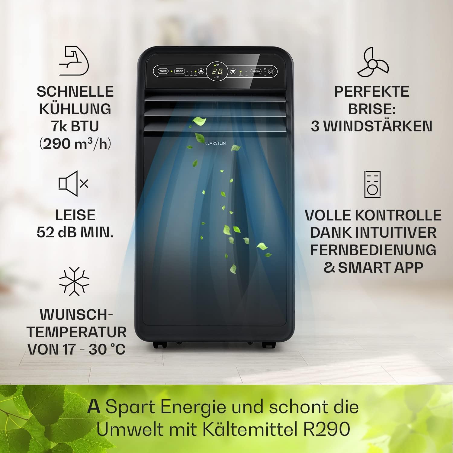 Klarstein Mobile Klimaanlage mit Abluftschlauch, 4-in-1 Klimagerät mit Ventilator, Luftentfeuchter & Nachtmodus, Kleine & Portable Klimaanlage für Wohnung & Büro, Niedriger Verbrauch, 9000 BTU