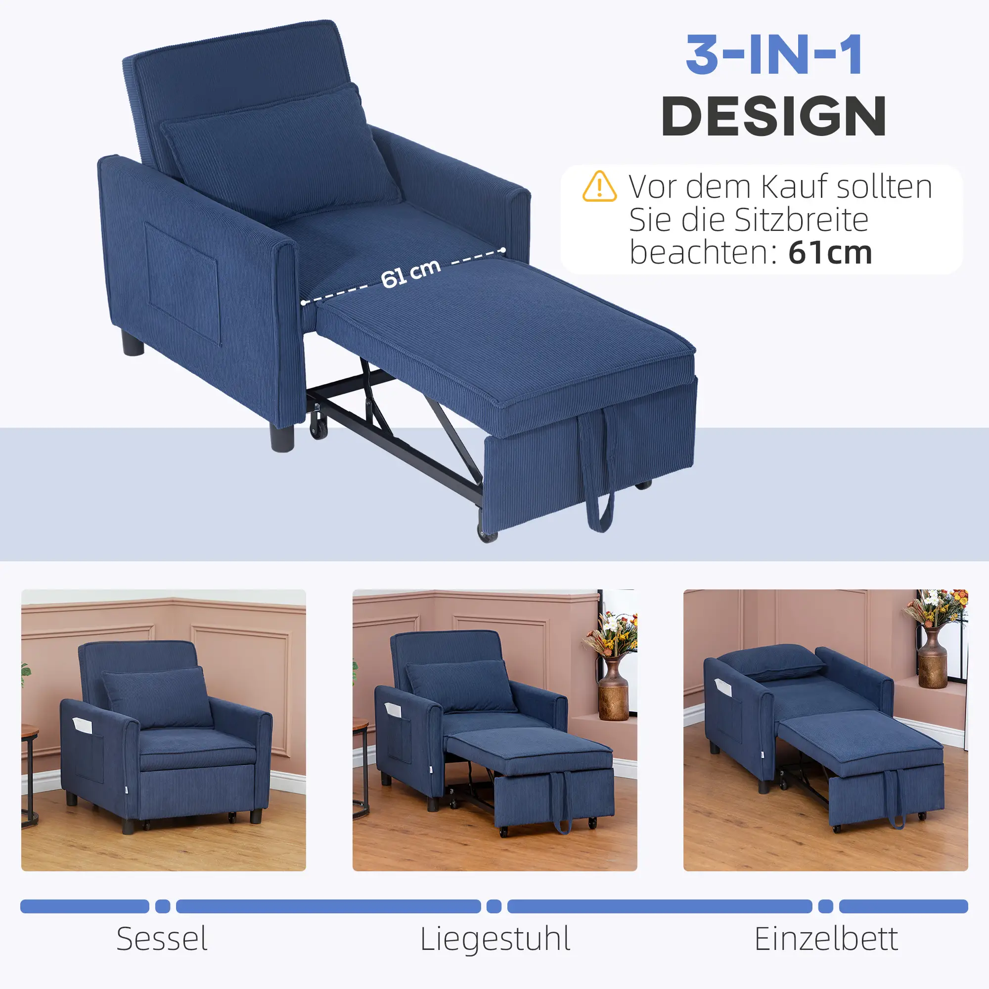 HOMCOM Schlafsessel Klappbett 3in1 verstellbar mit Rollen Blau