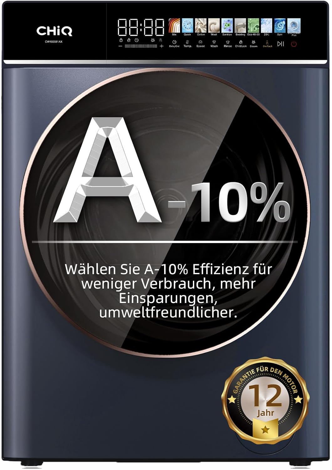CHiQ Waschmaschine 7kg, 15 Programme, InverterMotor, Eco-Logic, Speed Wash, 60x46,5x84cm, Auto Clean, Washer Grau, CW07123863AX
