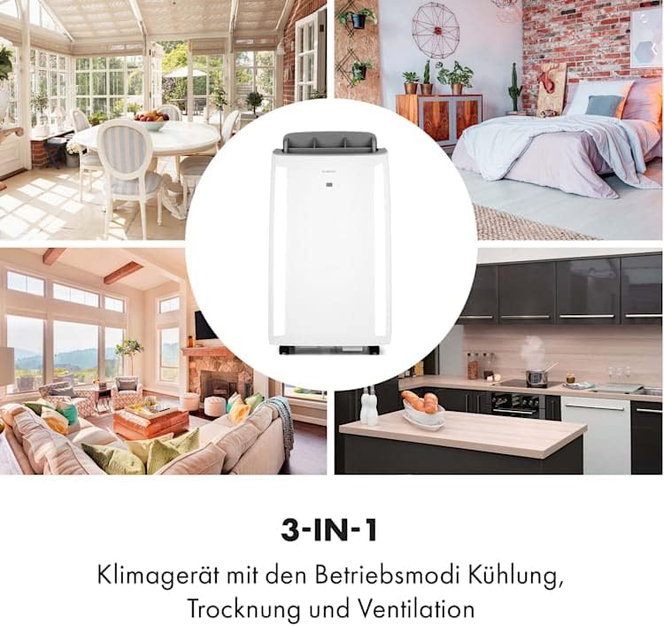 KLARSTEIN Grandbreeze Pro 14K – Mobiles Klimagerät, Luftentfeuchter, Ventilator, 3 Geschwindigkeiten, 14000 BTU/1,65 kW, Raum: 42 bis 68 m², Durchfluss: 460 m³/h, CEE A – Weiß Klimaanlage