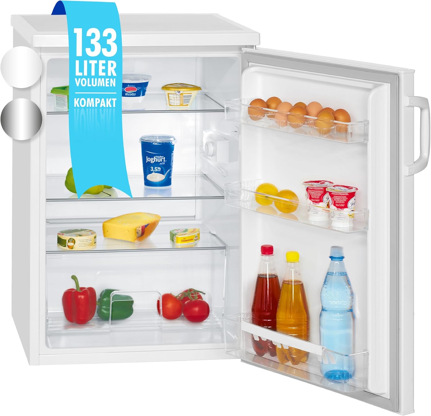 Bomann VS 2195.1 Fridge without Freezer Compartment with 133 L Capacity and 3 Shelves Small with Vegetable Compartment and Interchangeable Door Hinge Quiet Table Fridge with LED Interior Lighting