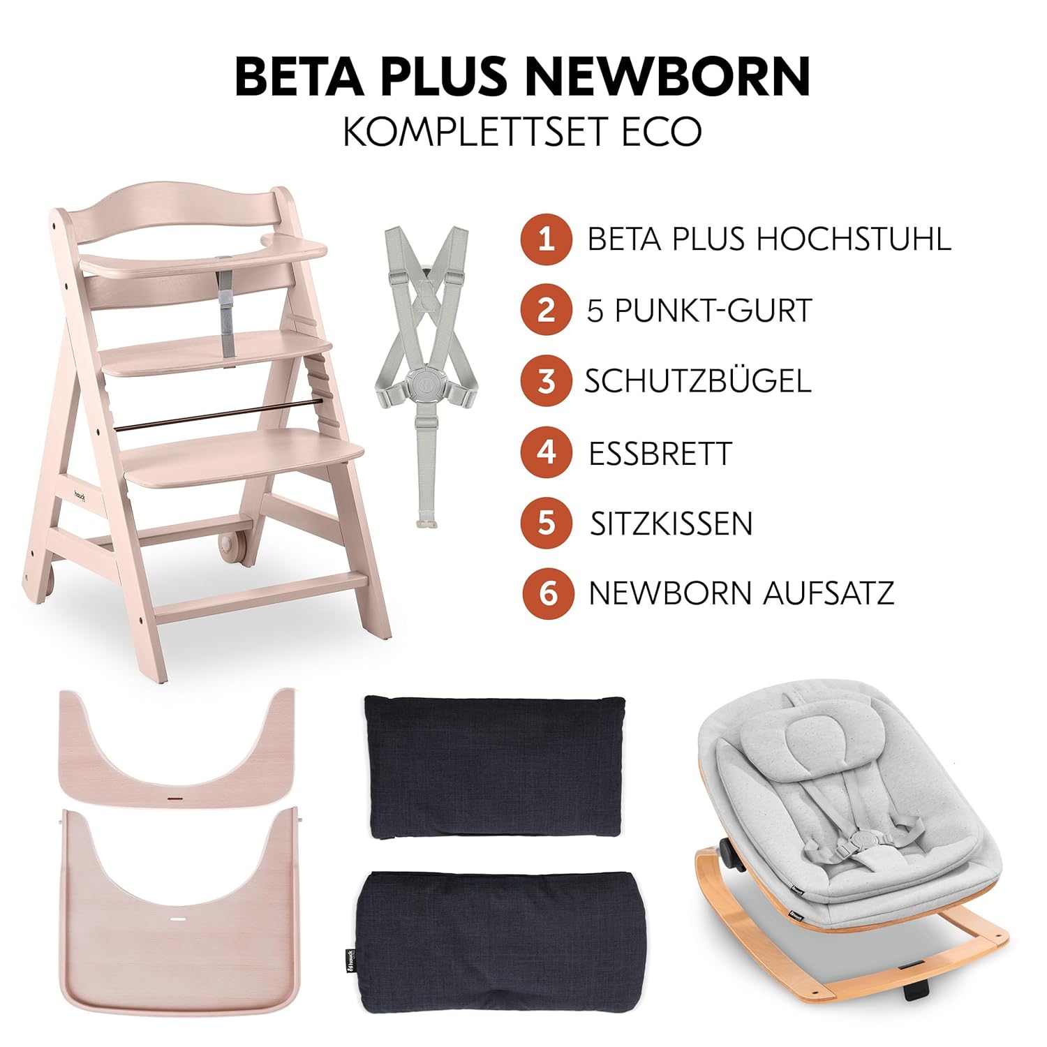 hauck Hochstuhl Beta+ Newborn Set Eco Bouncer - mitwachsender Holz Babyhochstuhl ab Geburt, inkl. Neugeborenenaufsatz, Sitzpolster und Essbrett - Dark Grey