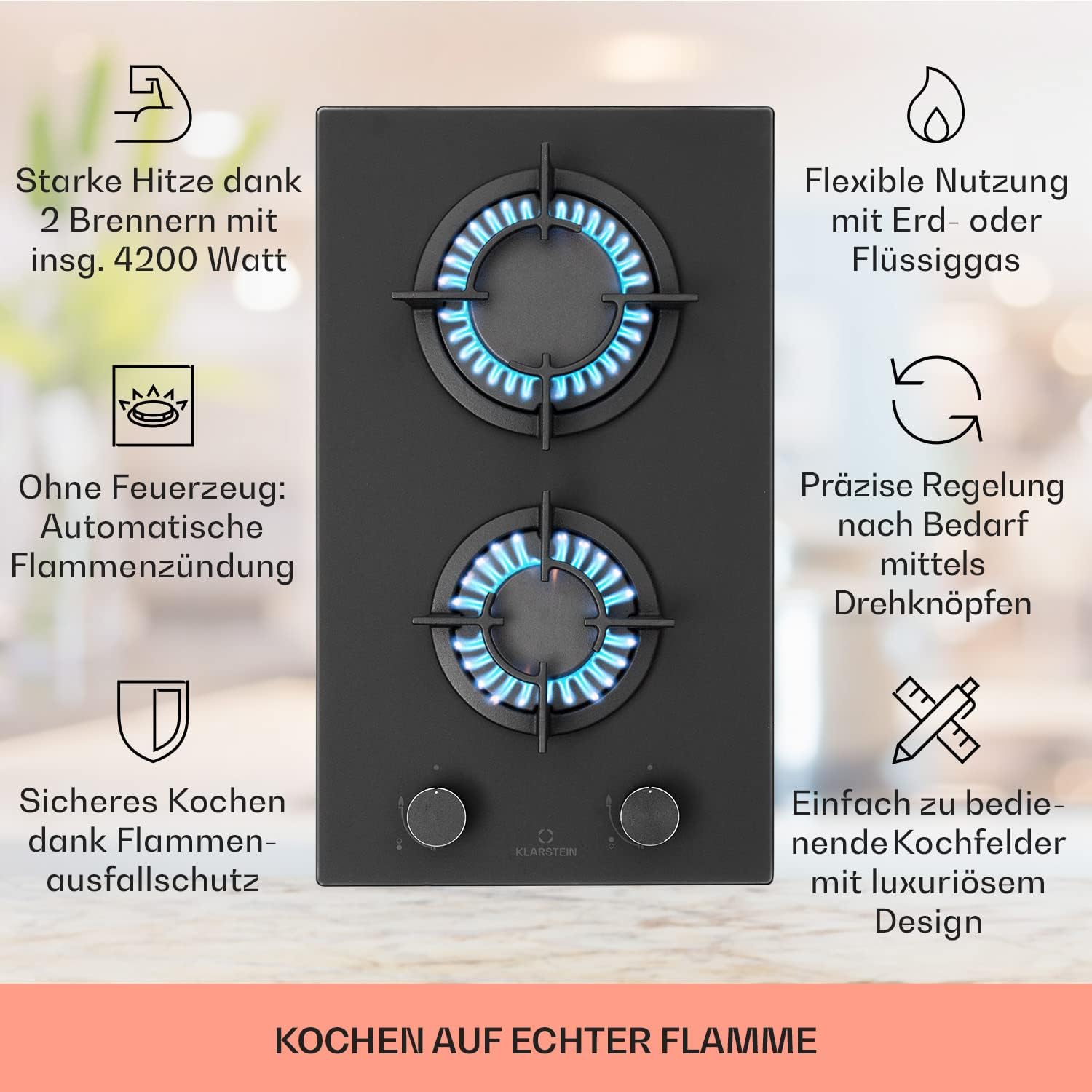 Klarstein Gasherd, Einbau-Gasherd für Propan Gasflasche, Gaskochfeld 4 Flammig, Gasherd für Küche, Camping & Wohnmobil, 8000 W Kochplatte, LPG Gaskocher, Herdplatte für Propangas, Edelstahl Gas-Herd