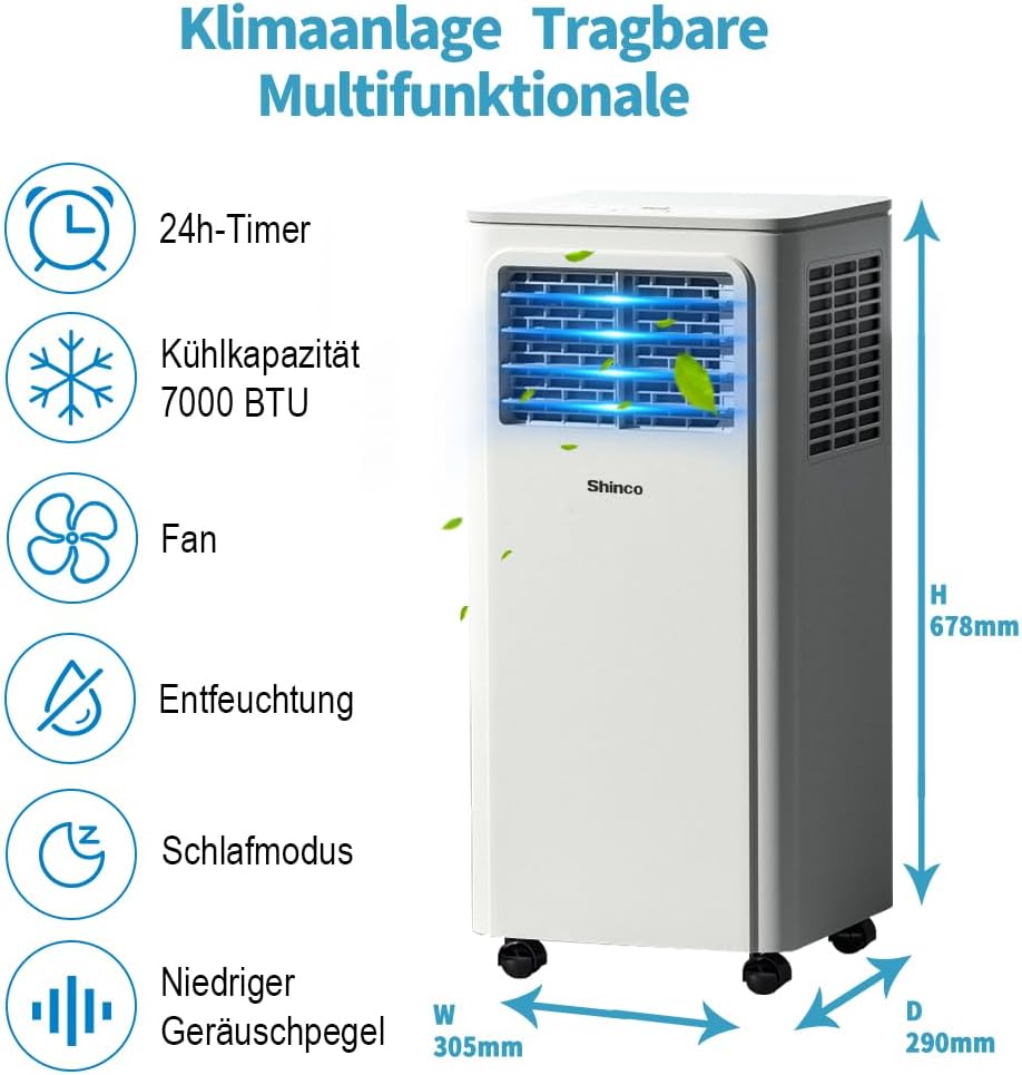 SHINCO Mobile Klimaanlage mit Abluftschlauch, 12000BTU, Kühlung&Heizung&Ventilieren&Entfeuchten, Mobiles Klimagert mit Fenstermontage-Kit, 24H-Timer, APP, für Rume von etwa 90m