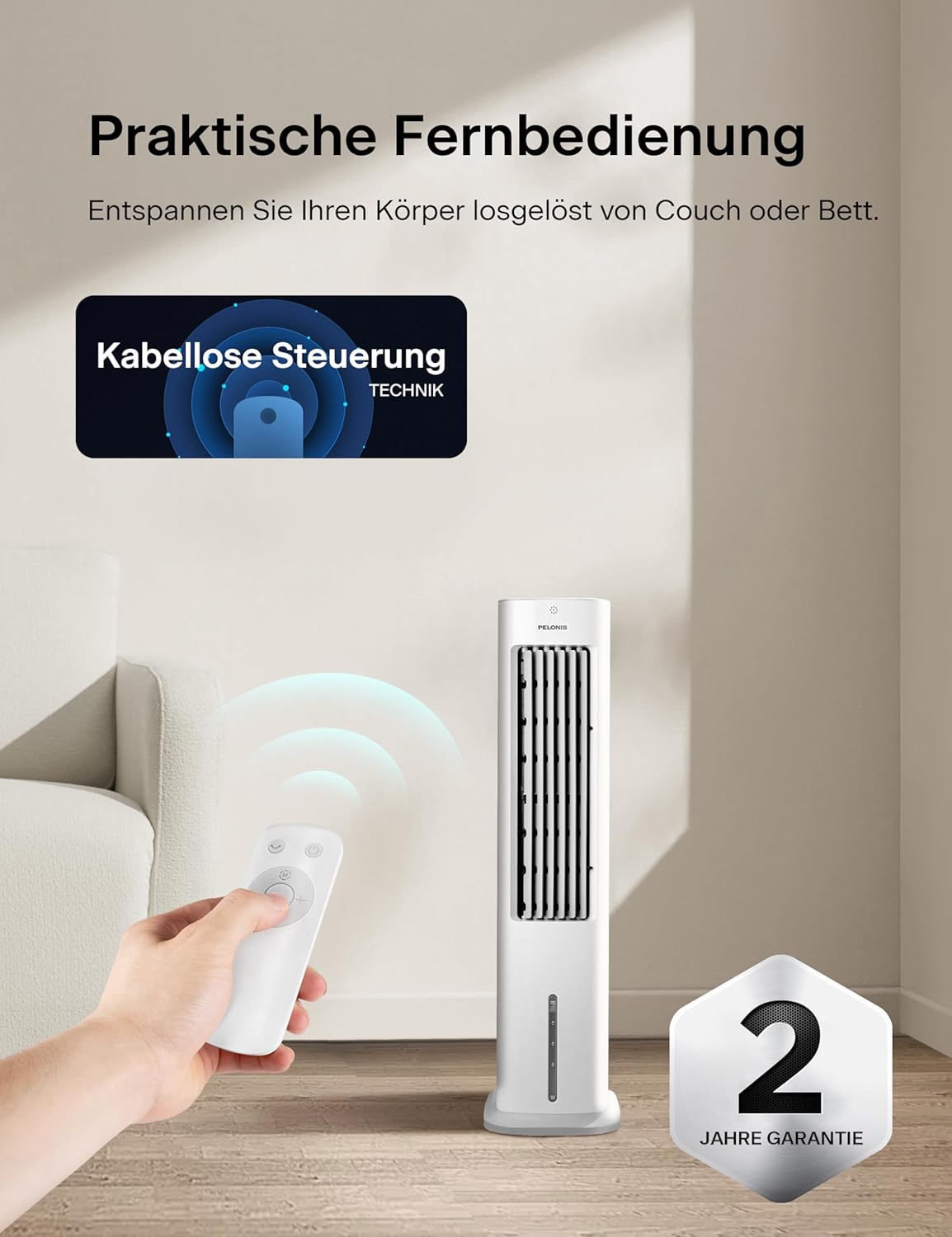 PELONIS Luftkühler mit Wasserkühlung, Klimaanlage Mobil, 5L Ventilator mit Wasserkühlung, Klimagert Luftbefeuchter mit Fernbedienung, 355m/h Klimaanlage Ohne Abluftschlauch