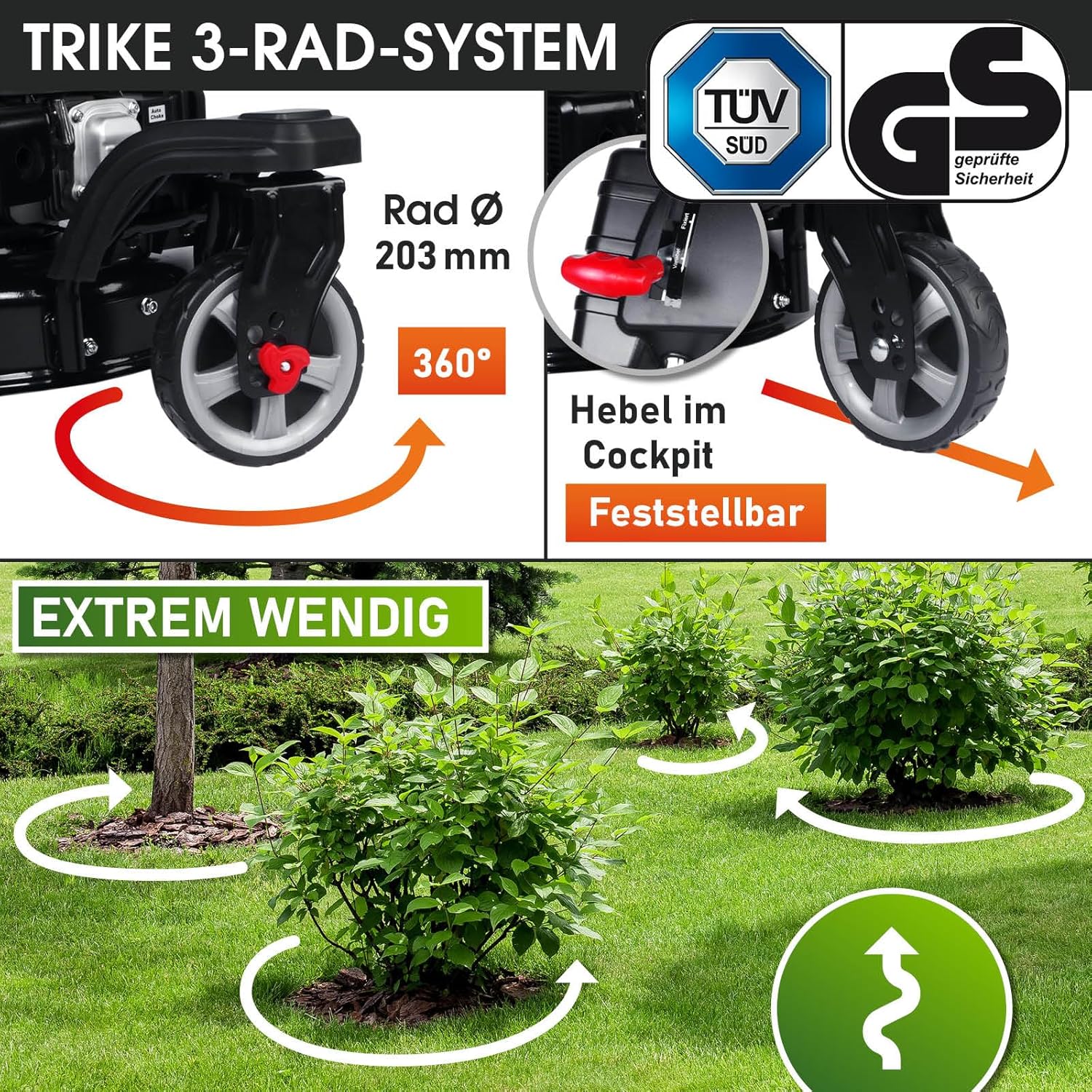 BRAST® Benzin Rasenmäher Trike mit Antrieb | 5,2kW(7PS) | 53cm Schnittbreite | viele Modelle | TÜV | 4 Takt OHV Motor | 30-80mm Schnitthöhe | 60L Fangkorb | Stahlgehäuse | Speed