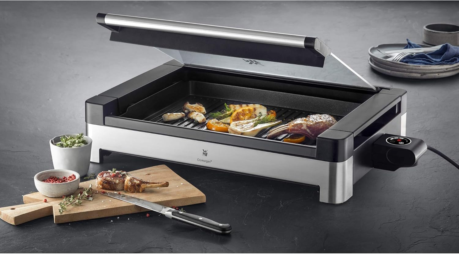 WMF Lono Tischgrill elektrisch mit Glasdeckel, beschichtete Grillplatte, herausnehmbare Auffangschale, spülmaschinenfest, Edelstahl matt, 2200 Watt