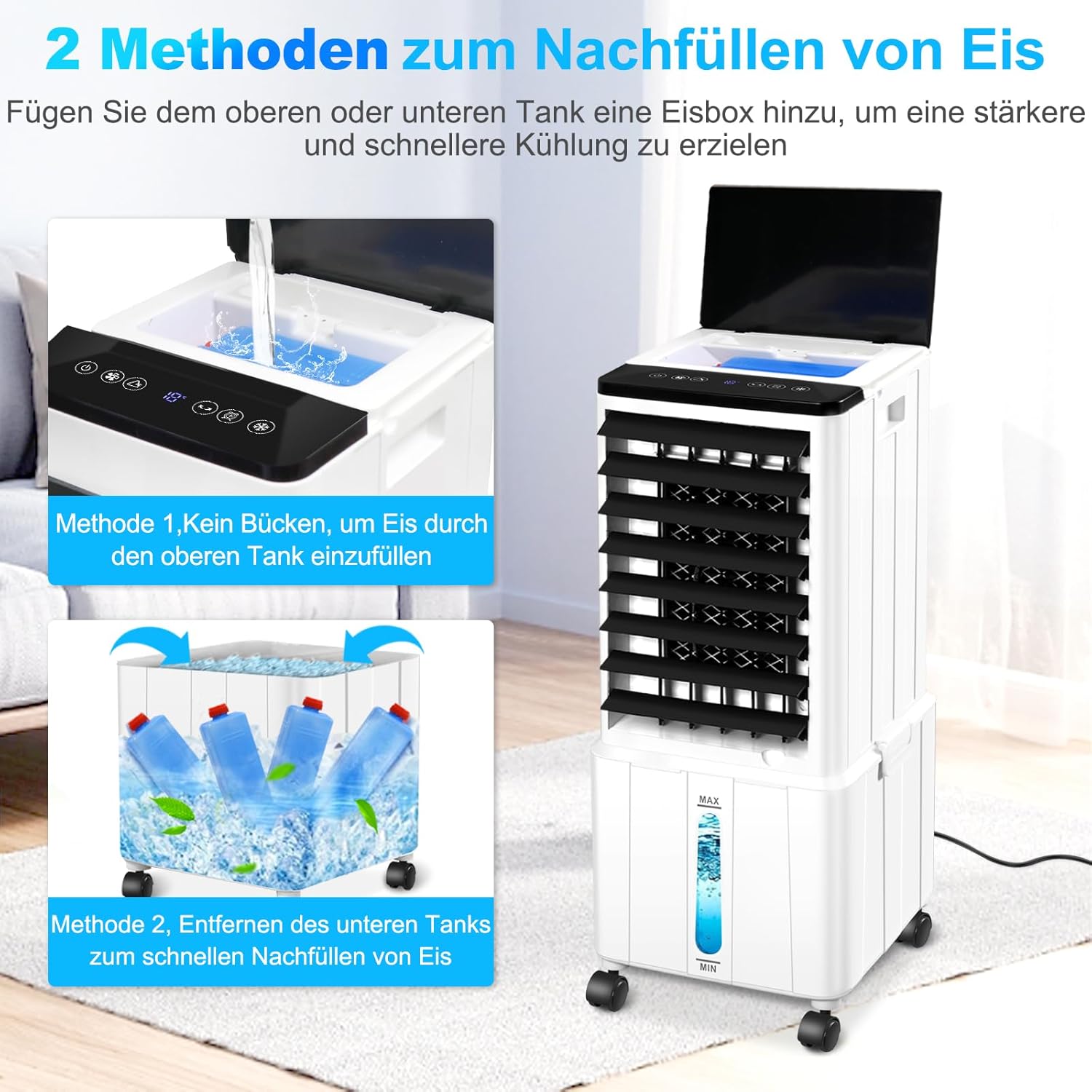 Klimagerät ohne Abluftschlauch, 12L 60W Klimaanlage Mobil mit 12H Timer, 3 Modus, 40dB, 120°Oszillation, Abnehmbare Wassertank, Fernbedienung, Leise Luftkühler Air Conditioner für Wohnung Zimmer Räume