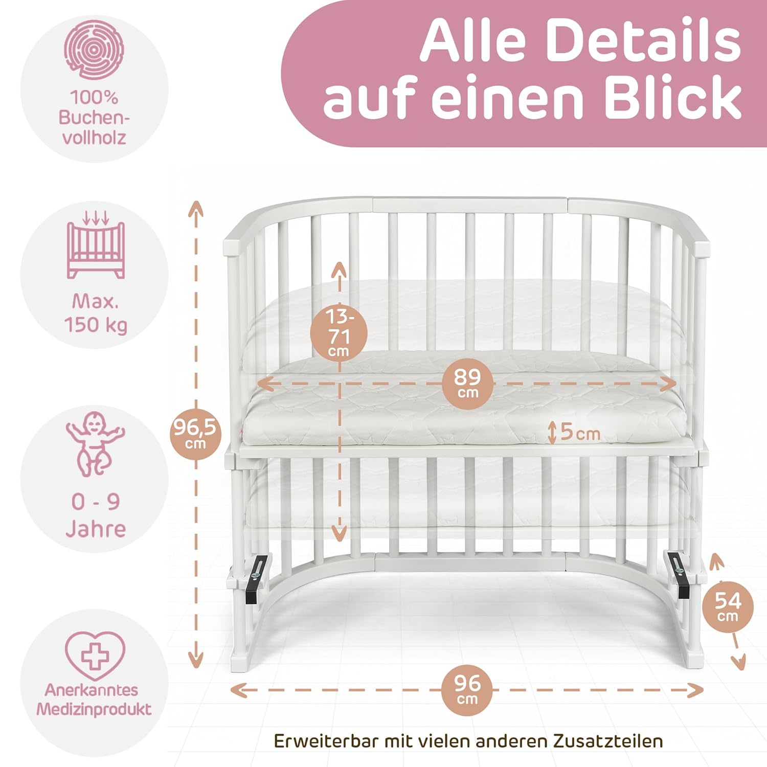 babybay Original Beistellbett aus massivem Buchenholz / kompakt & verwandelbar / Kinderbett Höhe stufenlos verstellbar & umweltfreundlich / mitwachsendes Babybett (weiß lackiert) / inkl. Matratze