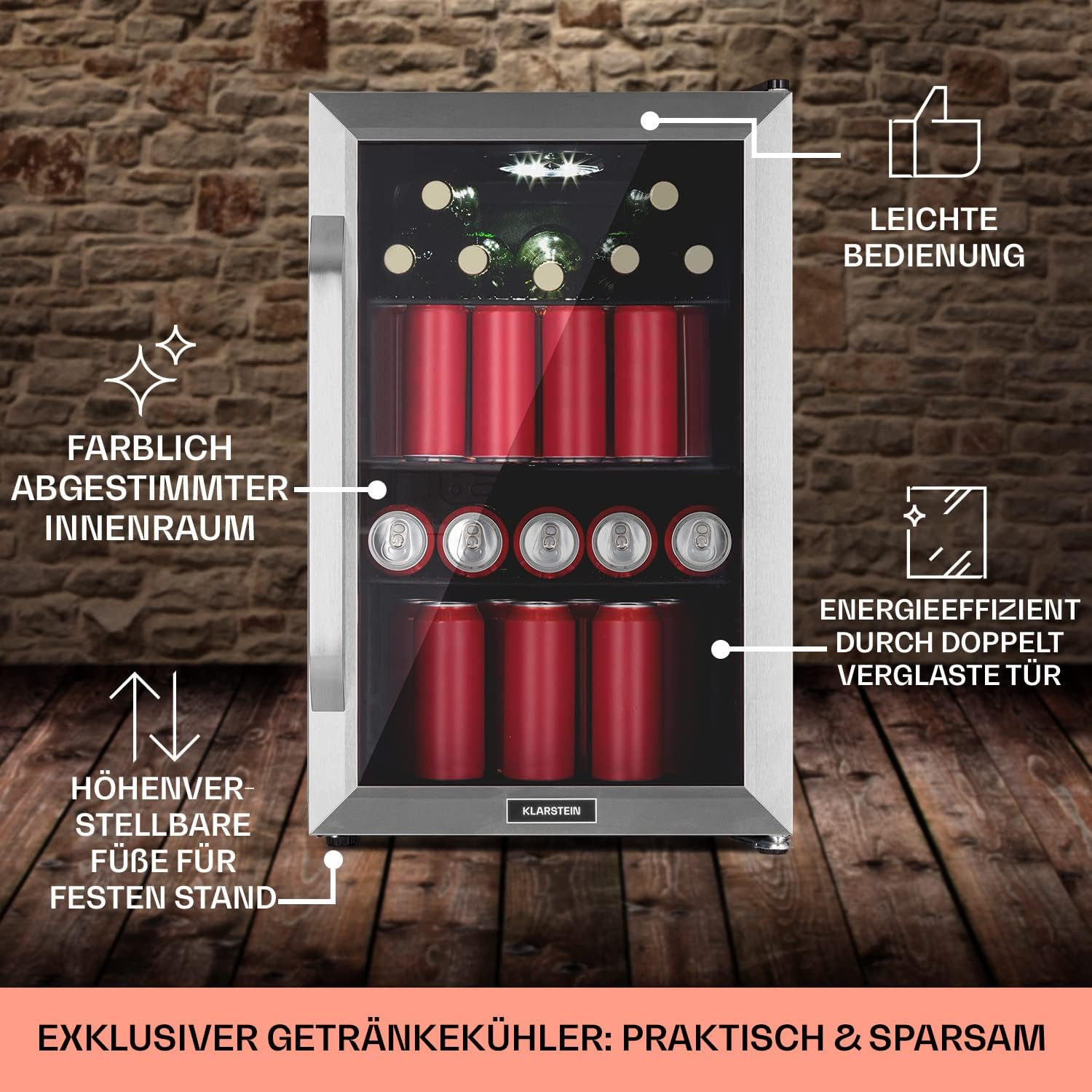 Klarstein Kühlschrank 70L, Kleiner Kühlschrank mit Herausnehmbaren Ablagen, Leiser Mini Kühlschrank mit Glastür & LED, Getränkekühlschrank Klein, Outdoor Geeignet, Biersafe für Flaschen, 0-10°C