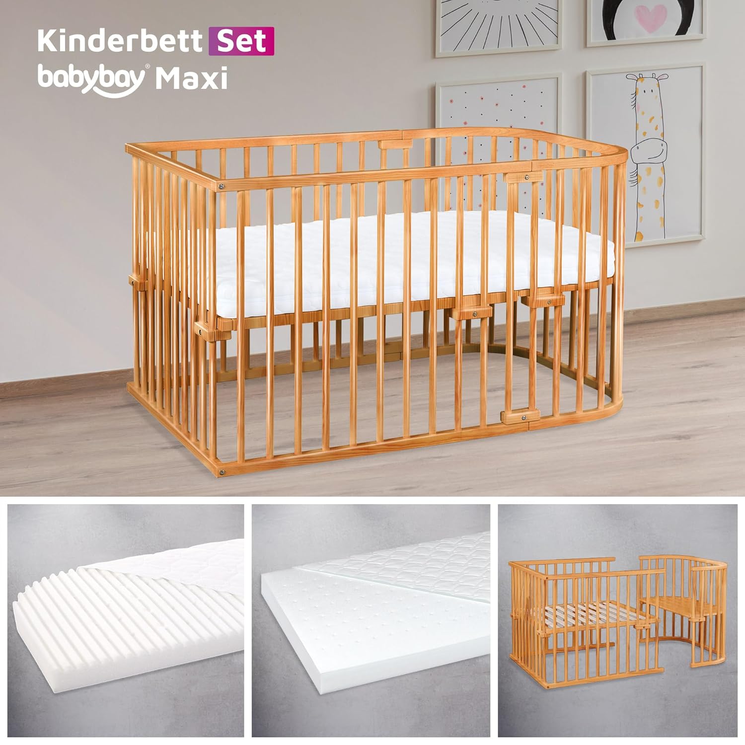 babybay Original Beistellbett aus massivem Buchenholz / kompakt & verwandelbar / Kinderbett Höhe stufenlos verstellbar & umweltfreundlich / mitwachsendes Babybett (weiß lackiert) / inkl. Matratze