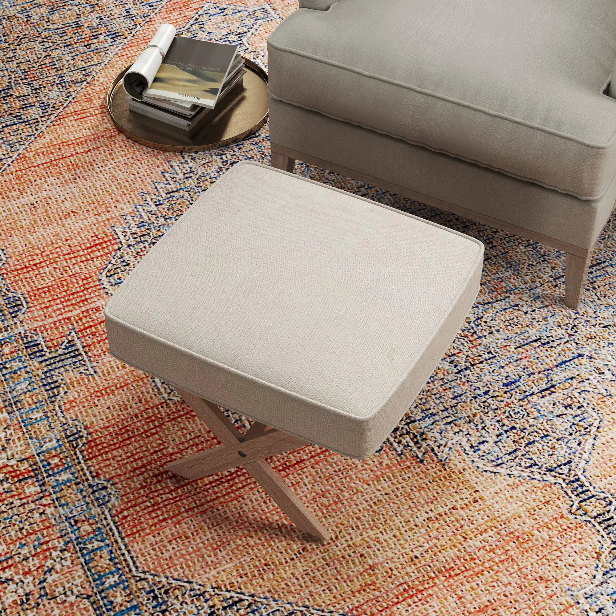 HOMCOM Sitzhocker mit Leinenoptik & Antirutschmatte – Cremeweiß