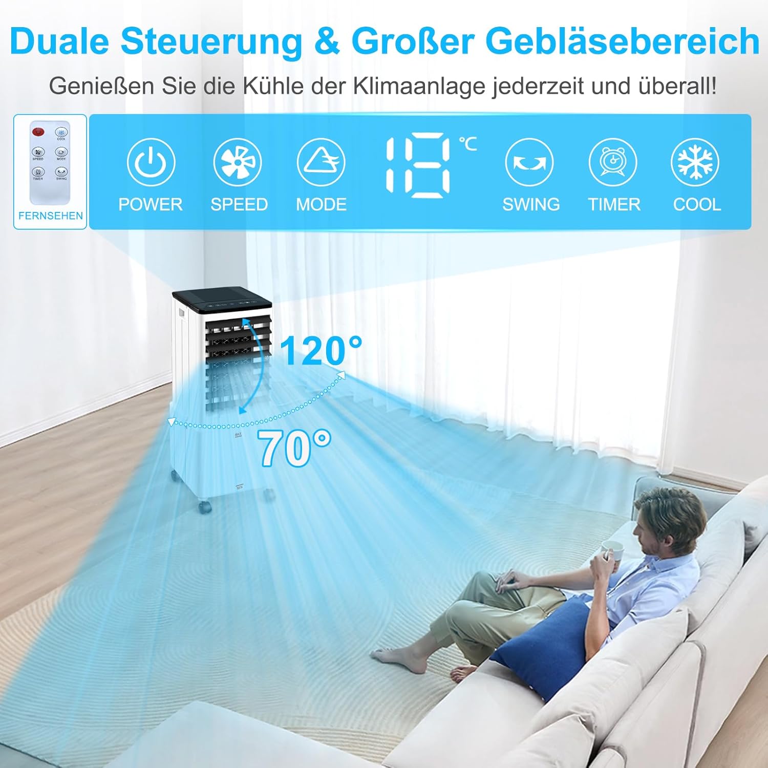 Klimagerät ohne Abluftschlauch, 12L 60W Klimaanlage Mobil mit 12H Timer, 3 Modus, 40dB, 120°Oszillation, Abnehmbare Wassertank, Fernbedienung, Leise Luftkühler Air Conditioner für Wohnung Zimmer Räume