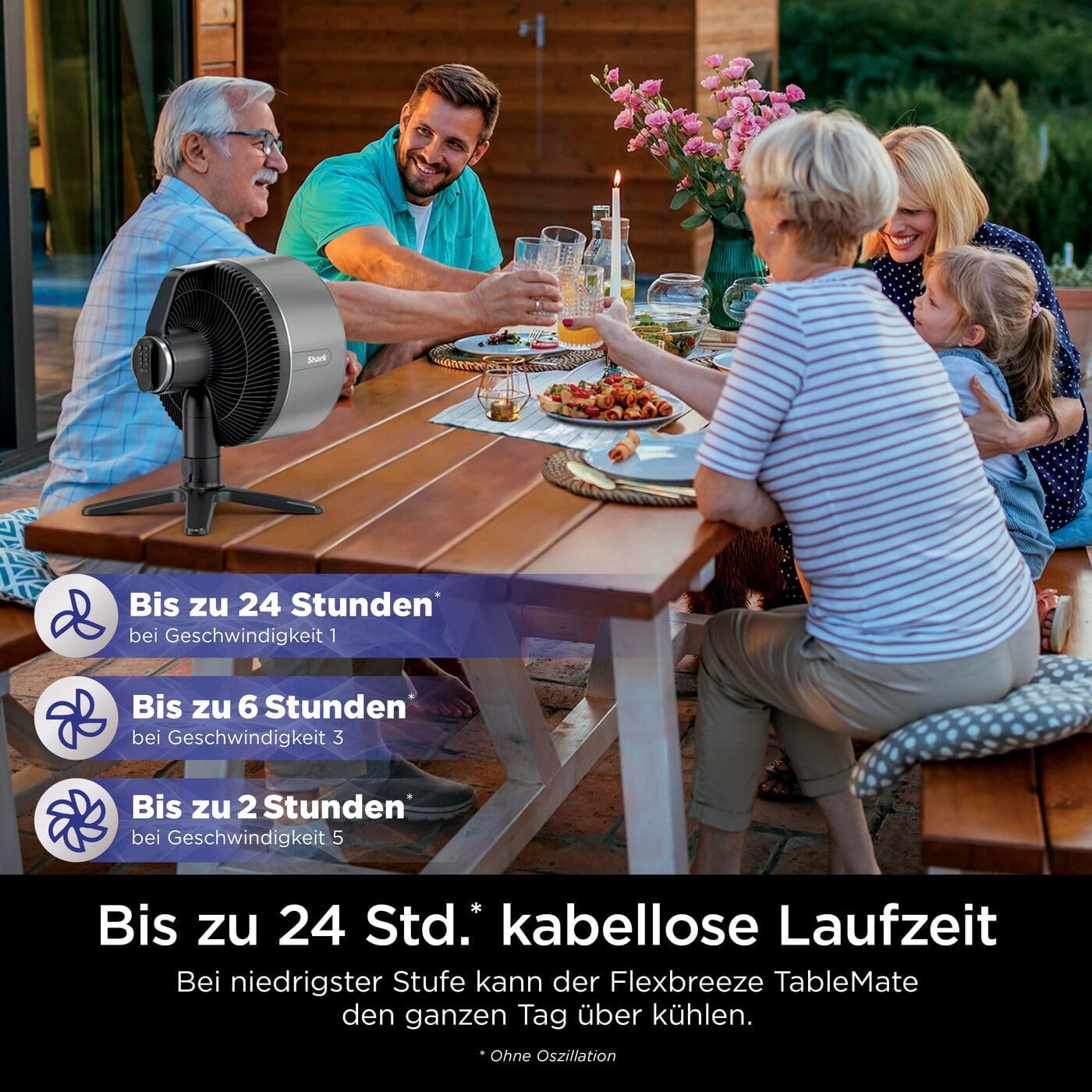 Shark FlexBreeze Ventilator Leise, Hybrid Ventilator Kabelgebunden & Kabellos, Tragbar, für Innen- und Außenbereich, UV- & Wasserbeständig, Ultraleistungsstark, Ultraleise, Weiß FA220EU