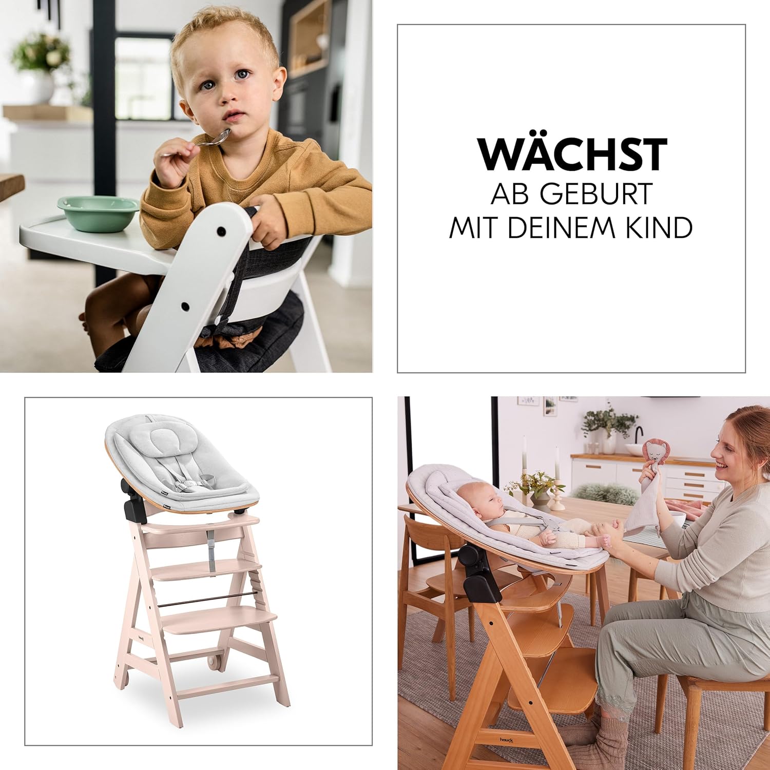 hauck Hochstuhl Beta+ Newborn Set Eco Bouncer - mitwachsender Holz Babyhochstuhl ab Geburt, inkl. Neugeborenenaufsatz, Sitzpolster und Essbrett - Dark Grey