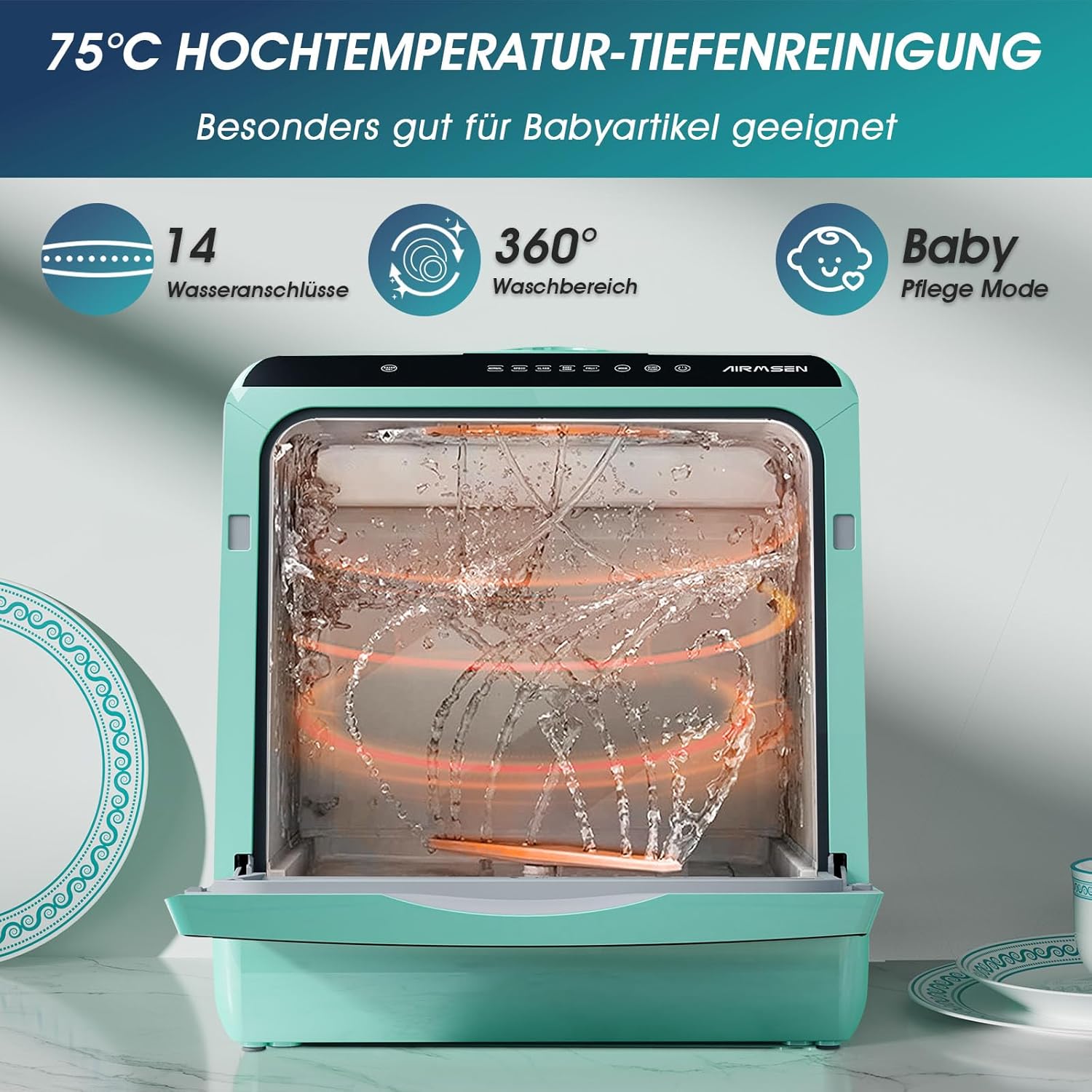 AIRMSEN Mini Geschirrspüler Tischgeschirrspüler mit 5+1 Programme 5L Wassertank, 2 Wege Wasserversorgung, Touch Control & LED-Display, Geeignet für Hausküchen, Wohnungen, Schlafsäle, Weiß & Schwarz