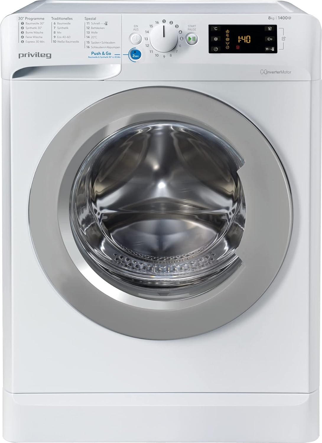 Privileg PWFV X 853 N Waschmaschine Frontlader/1400 U/min/8 kg/EEK B/Push & Go Steam/Dampf-Programme/Schnell 45min Volle Ladung/Schnell-Programme(20/45/60 Min.)/Inverter-Motor/Mehrfachwasserschutz