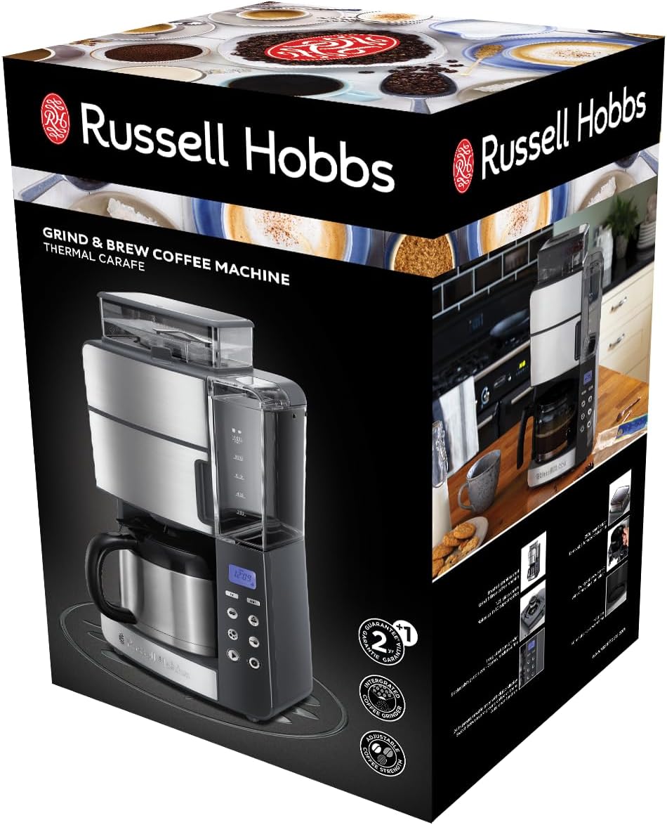 Russell Hobbs Kaffeemaschine mit Mahlwerk Thermokanne [Digitaler Timer, Brausekopf für opt. Extraktion & Aroma] Grind&Brew (max 10 Tassen, 3-stufige Mahlgradeinstellung) Filterkaffeemaschine 25620-56