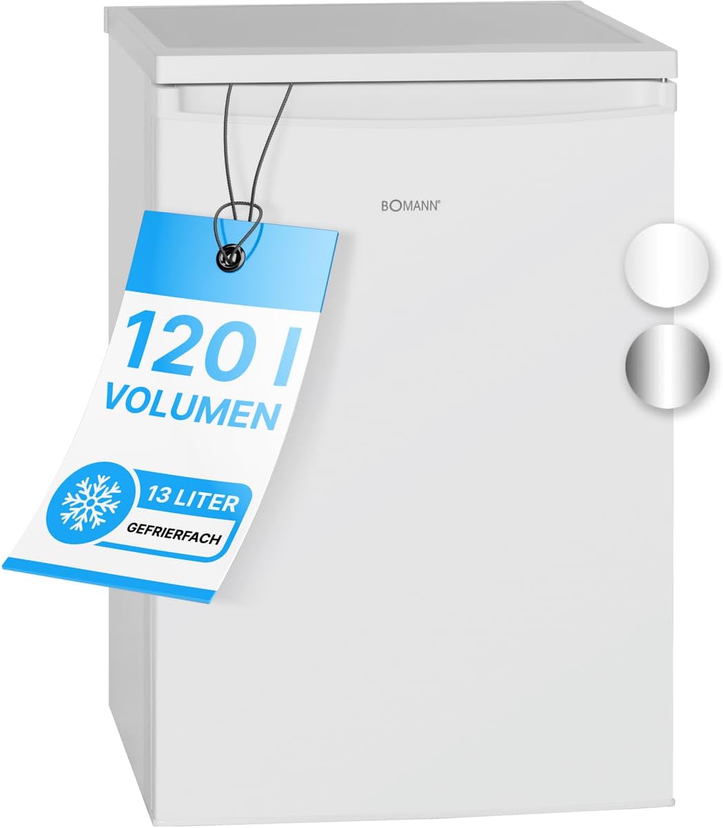 Bomann® Kühlschrank mit Gefrierfach | Kühlschrank klein mit 120L Nutzinhalt | Kühlen 107L & Gefrieren 13L | Fridge mit 3 Türablagen & 2 Glasablagen | wechselbarer Türanschlag | KS 2184.1 inox
