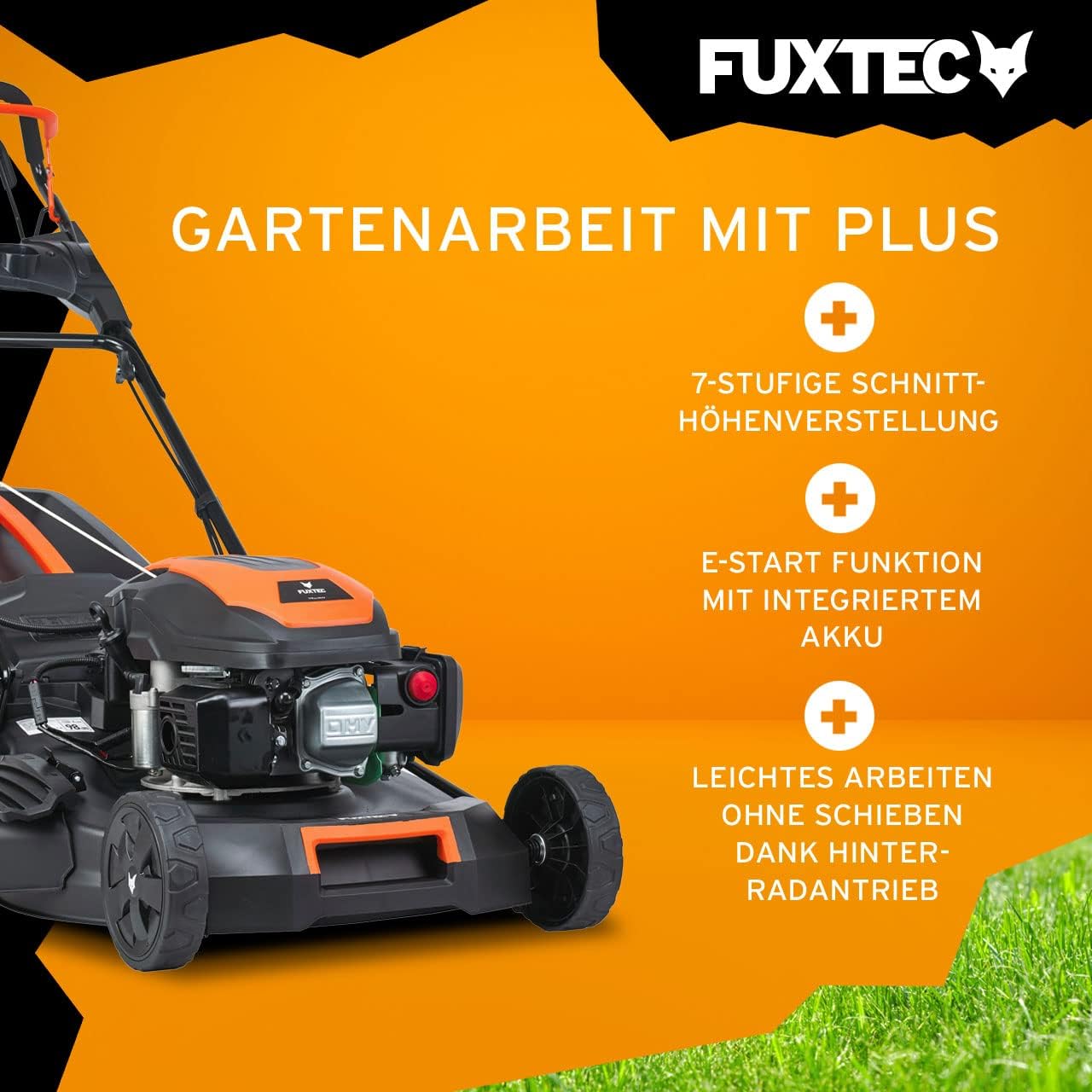 FUXTEC 4in1 Benzin Rasenmäher FX-RM5196eSPRO mit E-Start und regulierbarem Selbstantrieb, Gartenmäher inkl. Frontstoßstange, 51 cm Schnittbreite, kugelgelagerte Big Wheel Räder, 60L Grasfangkorb