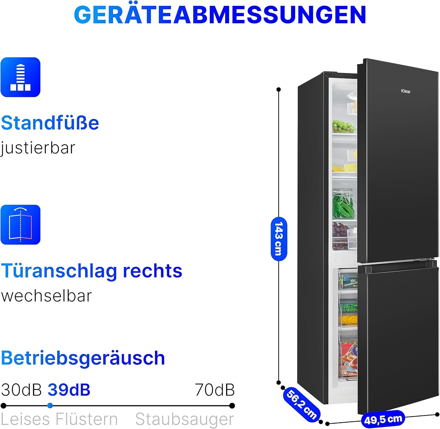 Bomann® Kühlschrank mit Gefrierfach 143cm hoch | Kühl Gefrierkombination 175L mit 3 Ablagen & 3 Schubladen | Türanschlag wechselbar | leise Kühlgefrierkombi 39db | Kühlschrank KG 322.1 inox-look