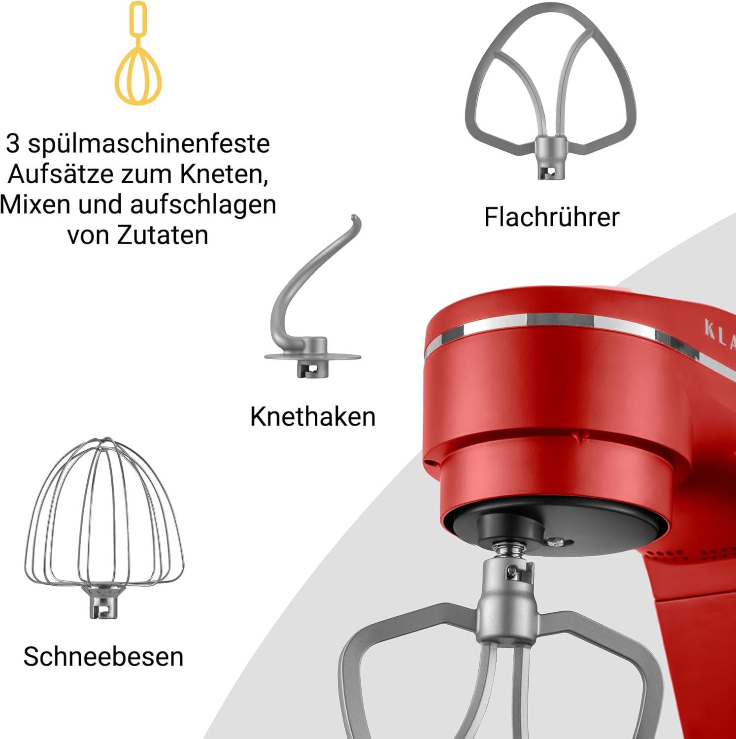 KLAMER Küchenmaschine 1800W, Knetmaschine mit 6 Liter Edelstahl Schüssel, 10 Geschwindigkeitsstufen mit Timer, Rührbesen, Knethaken, Schneebesen und Spritzschutz
