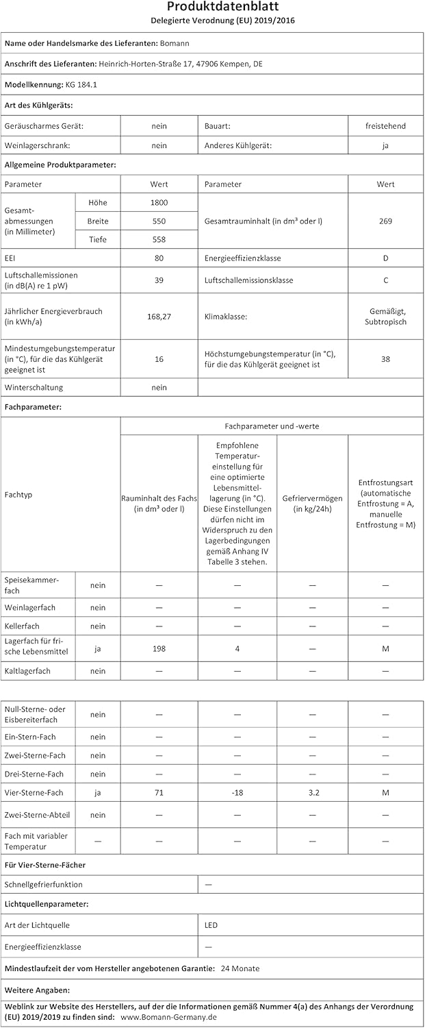 Bomann® Kühlgefrierkombination, 269 L Nutzinhalt - Kühlen: 198 L | Gefrieren: 71 L, Energiesparend, leise 39 dB, LED, wechselbarer Türanschlag, Höhe:180 x Breite: 55 x Tiefe: 55.8 cm - KG 184.1 weiß