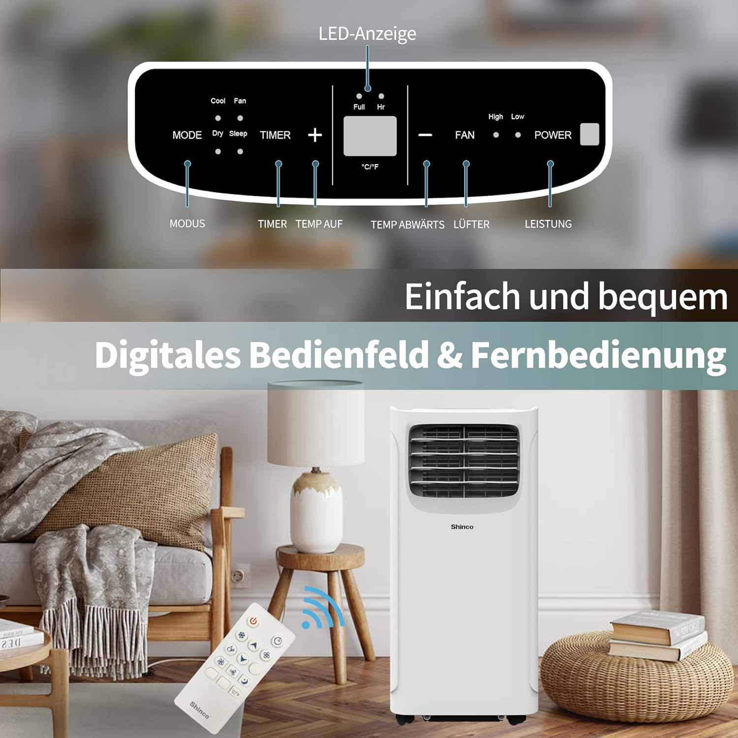 SHINCO Mobile Klimaanlage mit Abluftschlauch, 12000BTU, Kühlung&Heizung&Ventilieren&Entfeuchten, Mobiles Klimagert mit Fenstermontage-Kit, 24H-Timer, APP, für Rume von etwa 90m