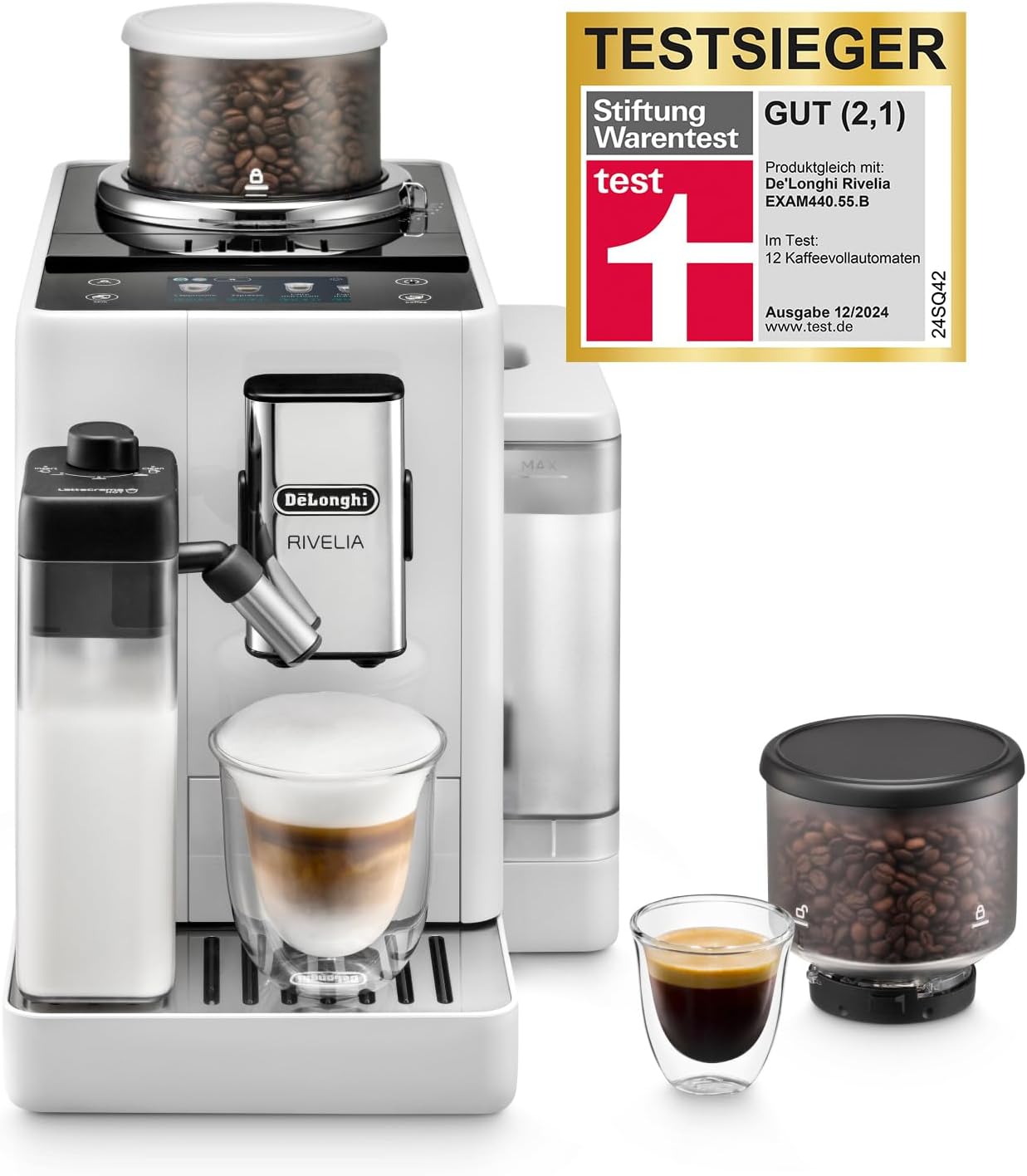 De'Longhi Rivelia EXAM440.55.W Kaffeevollautomat mit LatteCrema Milchsystem, Wechselbarer Bohnenbehälter, 16 Kaffee- & Milchgetränke auf Knopfdruck, Extra-Shot-Funktion, 3,5 Touch-Display, Weiß