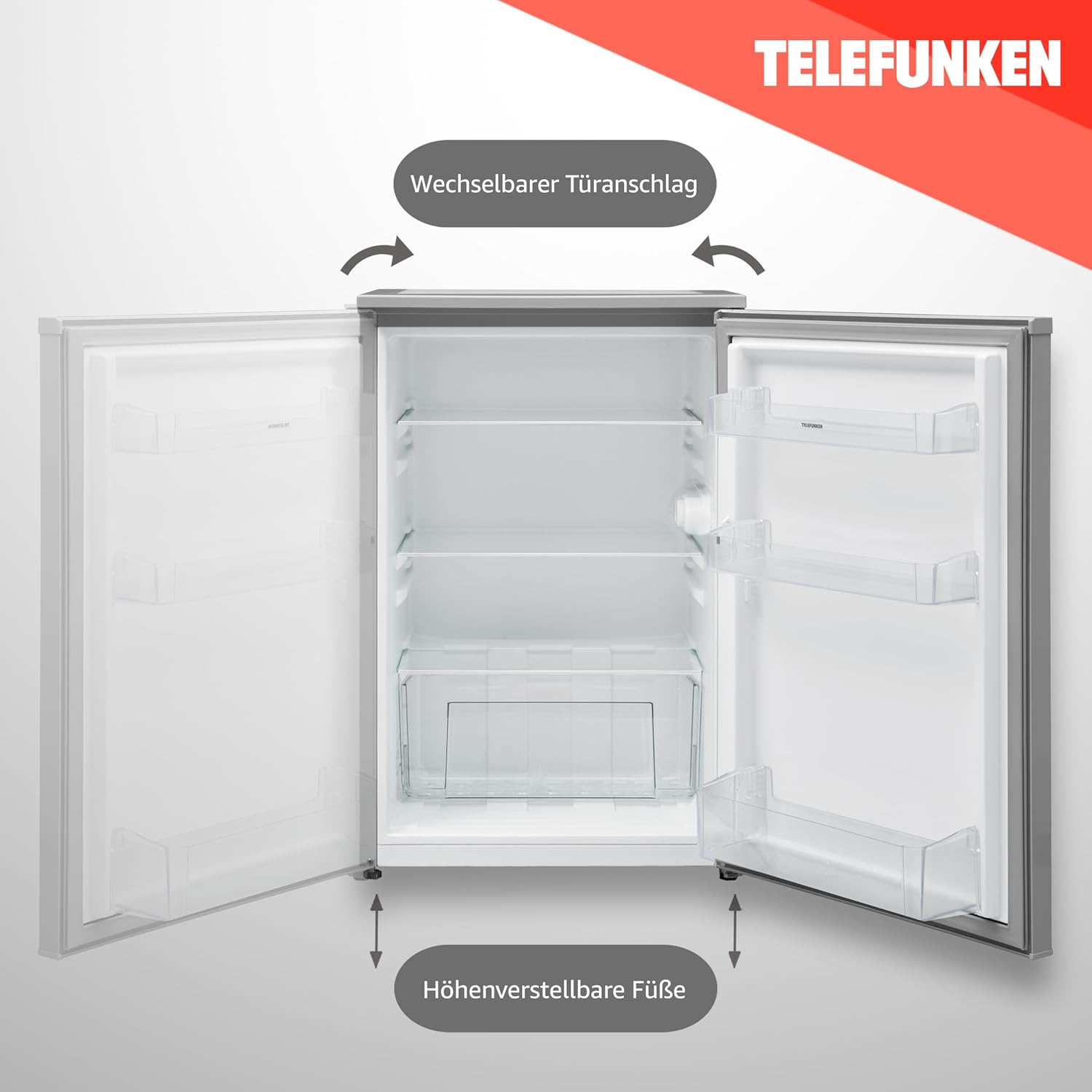 TELEFUNKEN Kühlschrank ohne Gefrierfach | Freistehend | 135 Liter Nutzinhalt | Kühlschrank klein mit Gemüsefach | LED-Beleuchtung | Türanschlag wechselbar | C-135-100-W weiß