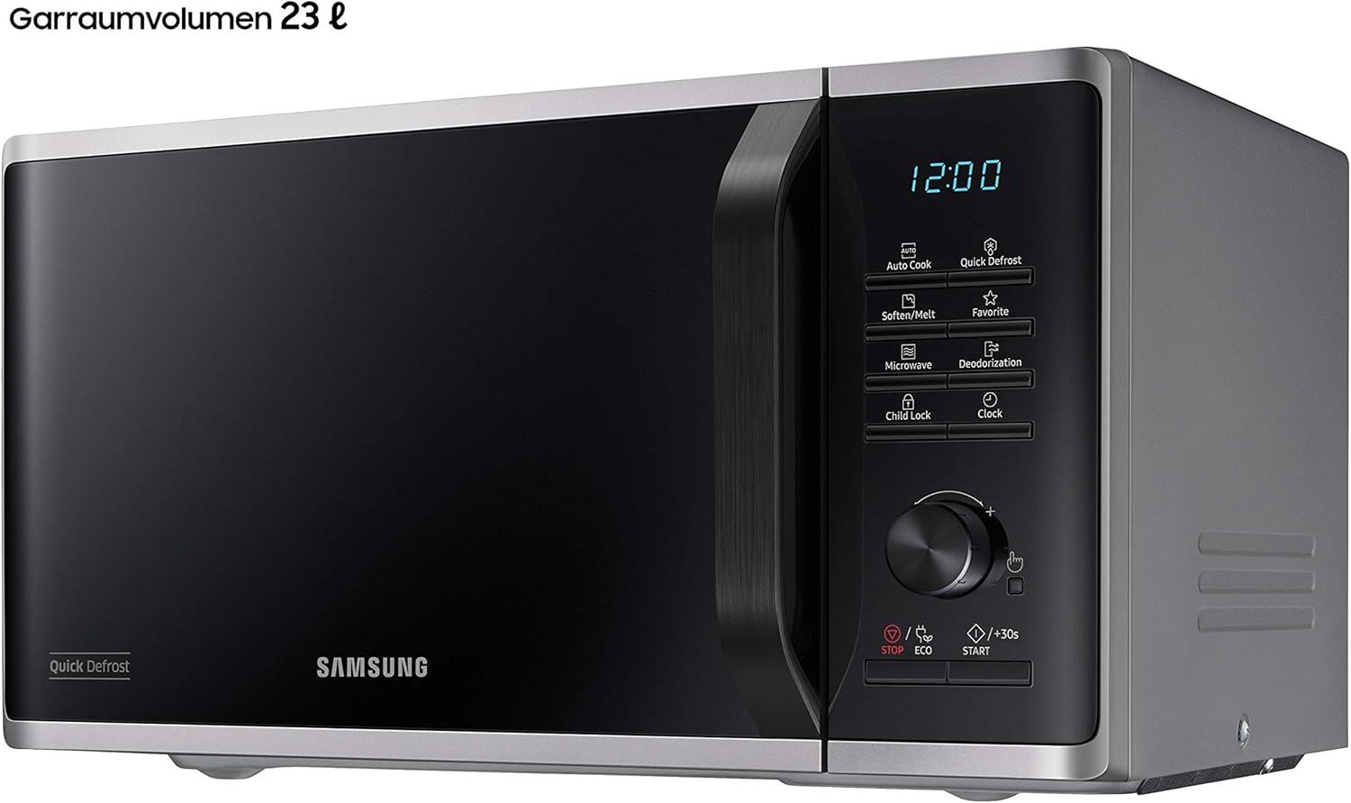 Samsung MS23K3515AS/EG Mikrowelle / 800 W / 23 L Garraum / 48,9 cm Breite / Kratzfester Keramik-Emaille-Inneraum / QuickDefrost Auftauprogramme / silber