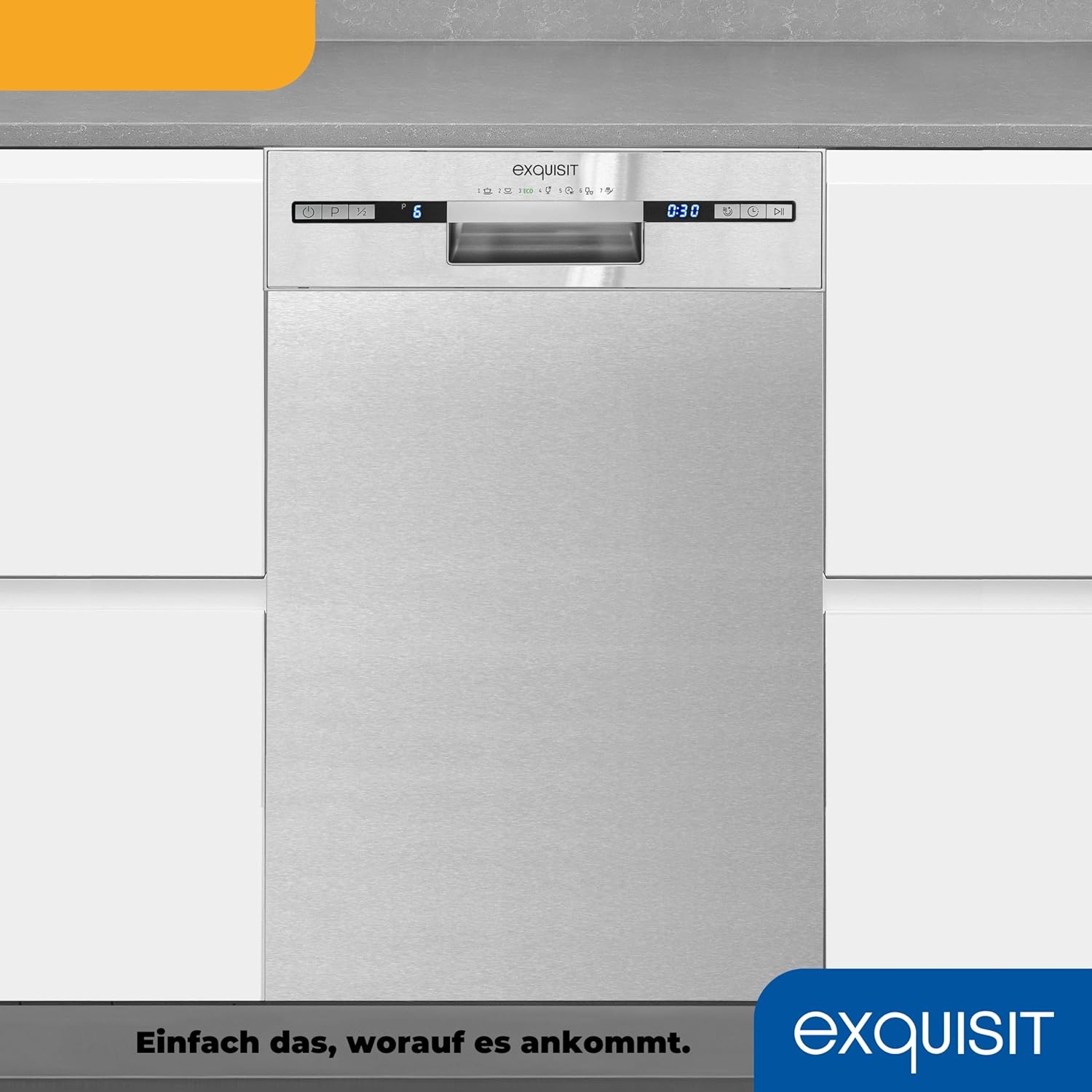 Exquisit Geschirrspüler, Spülmaschine, 45 cm Breite, Teilintegriert, 9 Maßgedecke, 9 Liter, Startzeitvorwahl, ECO-Modus, Geschirrspüler 45 cm, EGSP51009-EB-030E inox