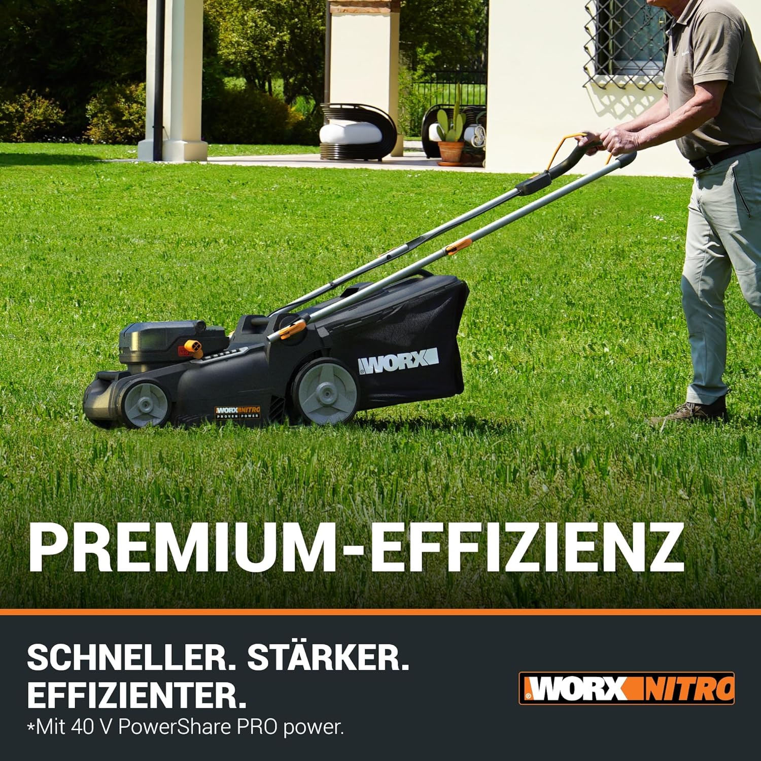 WORX WG737E Nitro Akku-Rasenmäher 40V(2x20V) - leistungsstarke bürstenloser Motor - 37cm Schnittbreite - 6 Schnitthöhenstufe (20-70mm) - 40L Grasfangsack - inkl. 2x4Ah Akkus & Dual-Ladengerät