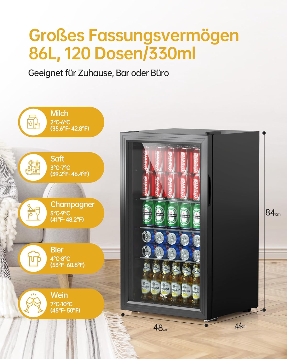 WIE Getränkekühlschrank Mini Kühlschrank mit Doppelte Glastür mit Verstellbaren Ablagen Indoor Outdoor Klein Bierkühlschrank Wendetür Leise 86 Liter 120 Dosen für Soda/Bier für Zuhause/Küche/Bar/Büro