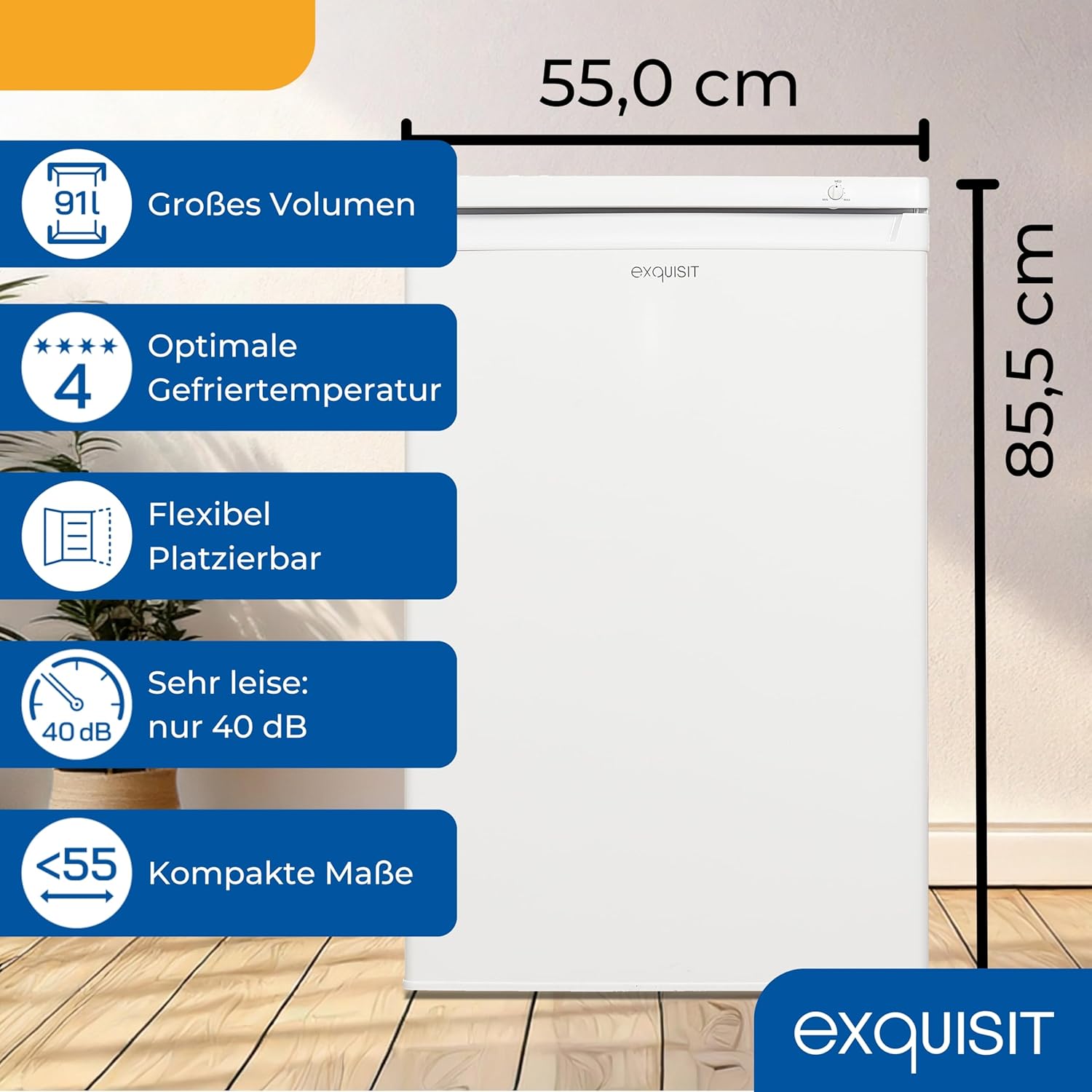 Exquisit Gefrierschrank, Tiefkühlschrank mit 4 Schubladen, 4-Sterne-Gefrieren, 91 Liter, Gefrierschrank klein, GS512-040E weiss