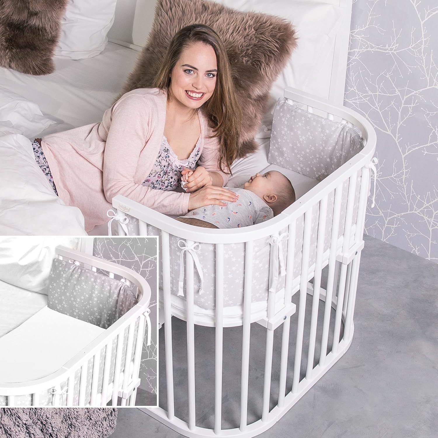 babybay Original Beistellbett aus massivem Buchenholz / kompakt & verwandelbar / Kinderbett Höhe stufenlos verstellbar & umweltfreundlich / mitwachsendes Babybett (weiß lackiert) / inkl. Matratze