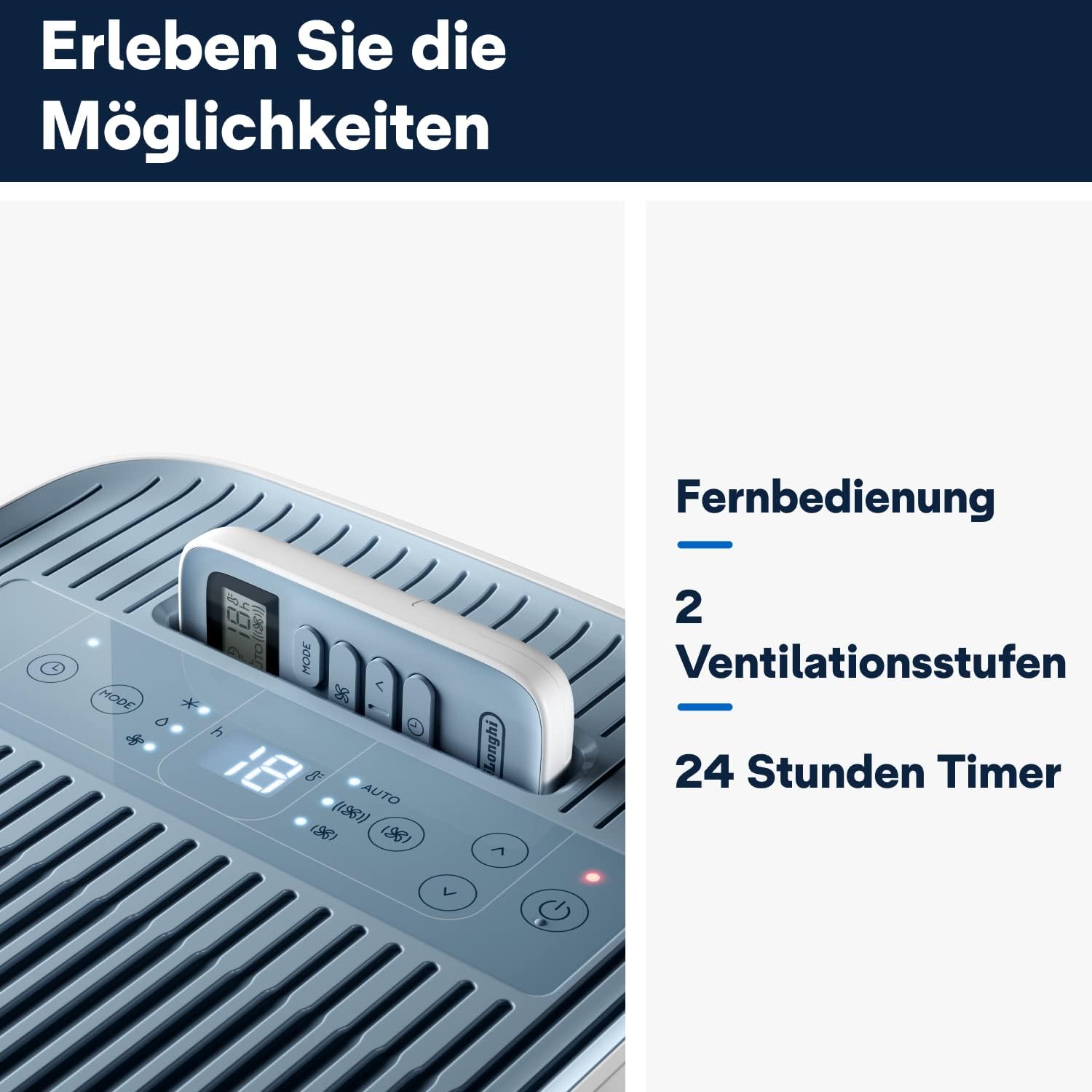De'Longhi Pinguino PAC EM82, Mobile Klimaanlage für Räume bis zu 80 m³, 9.400 BTU, 2,4 kW, 63 dB, Entfeuchtungsfunktion, Energieklasse A, 24h-Timer, Weiß