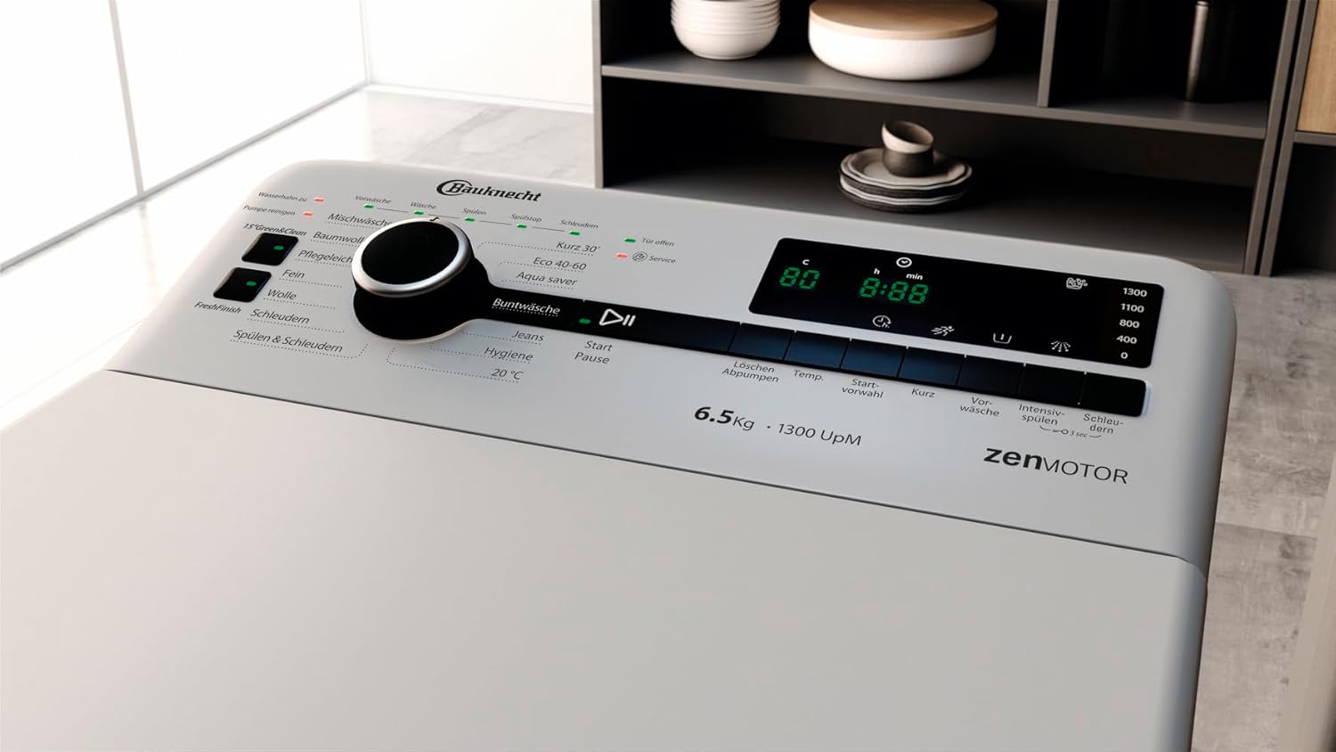 Bauknecht WMT Silver 6513 D4 Toplader-Waschmaschine/ 6,5 kg/ 1300 UpM/Vollwasserschutz/Autom.-Trommelpositionierung/SoftOpening/ 15° Green&Clean/Kurz 30/ Aqua Saver/Extra Spülen/Startzeitvorwahl